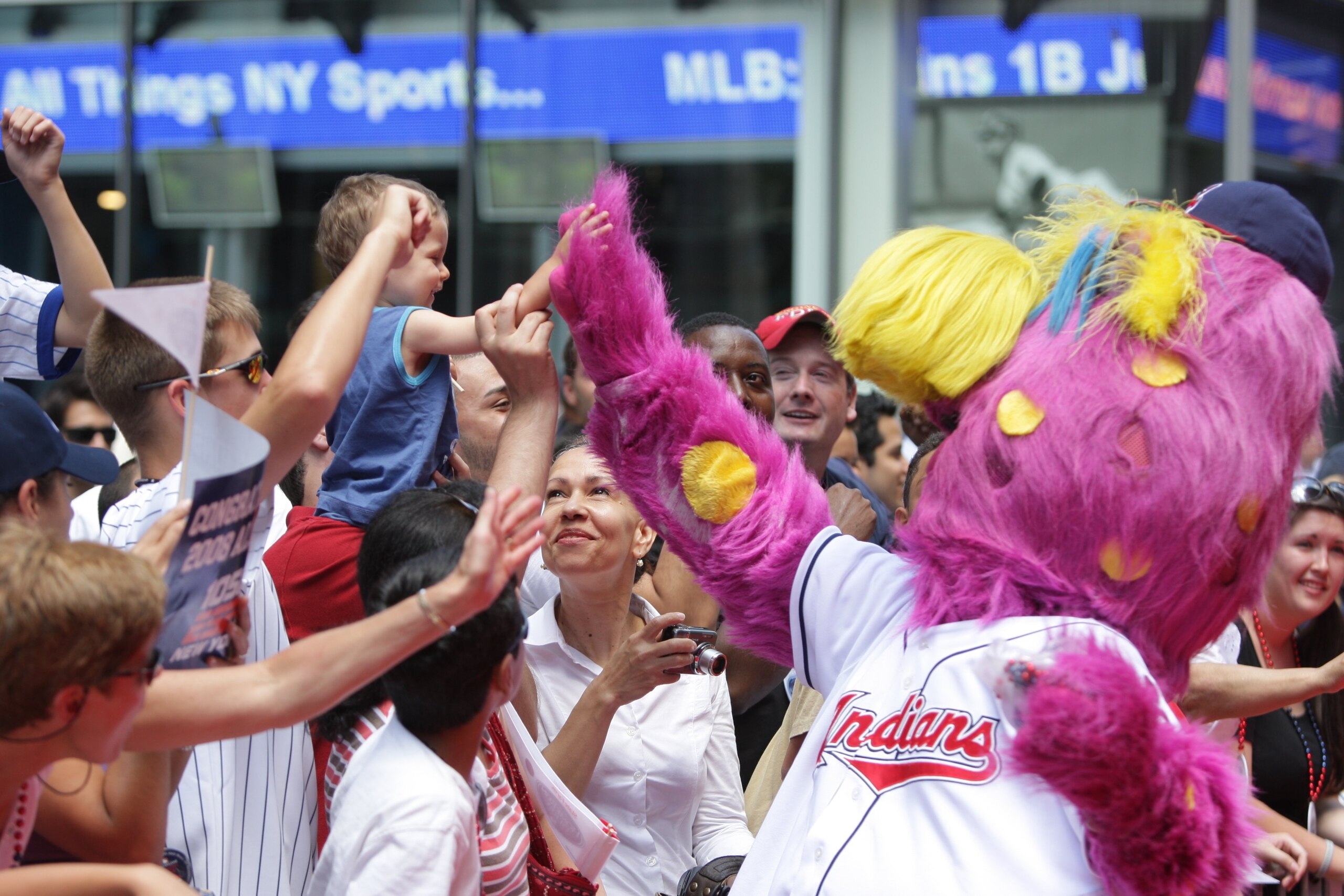 NEW YORK - JULY 15:  Cleveland Indians mascot Slider mingles with the fans during the MLB All-Star Game Red Carpet Parade on July 15, 2008 in New York City. (Photo by Mike Stobe/Getty Images)