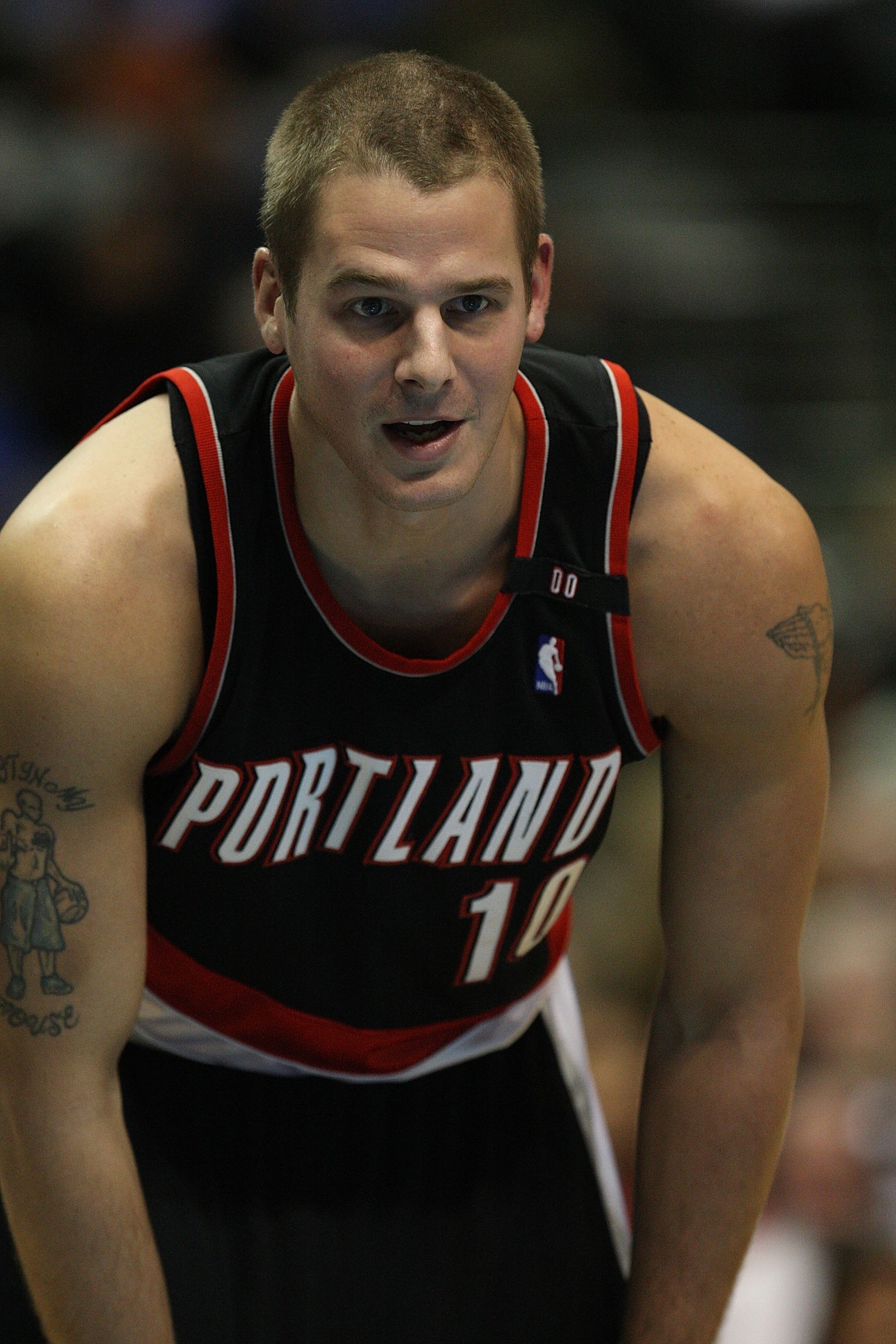 DALLAS - FEBRUARY 04:  Joel Przybilla #10 of the Portland Trail Blazers during play against the Dallas Mavericks on February 4, 2009 at American Airlines Center in Dallas, Texas.  NOTE TO USER: User expressly acknowledges and agrees that, by downloading a
