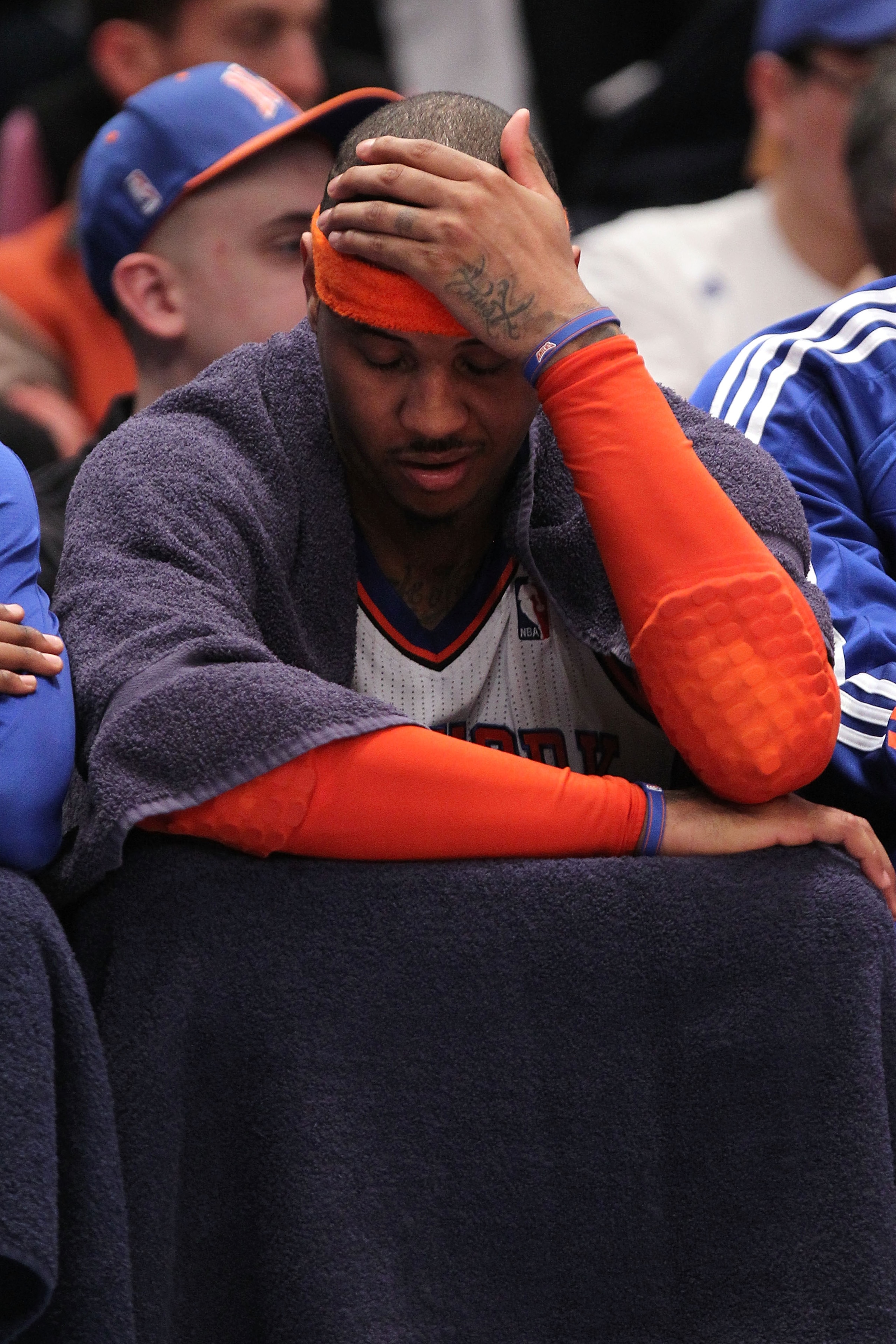 NEW YORK, NY - APRIL 22:  Carmelo Anthony #7 of the New York Knicks sits on the bench dejected late in the second half against the Boston Celtics in Game Three of the Eastern Conference Quarterfinals in the 2011 NBA Playoffs on April 22, 2011 at Madison S
