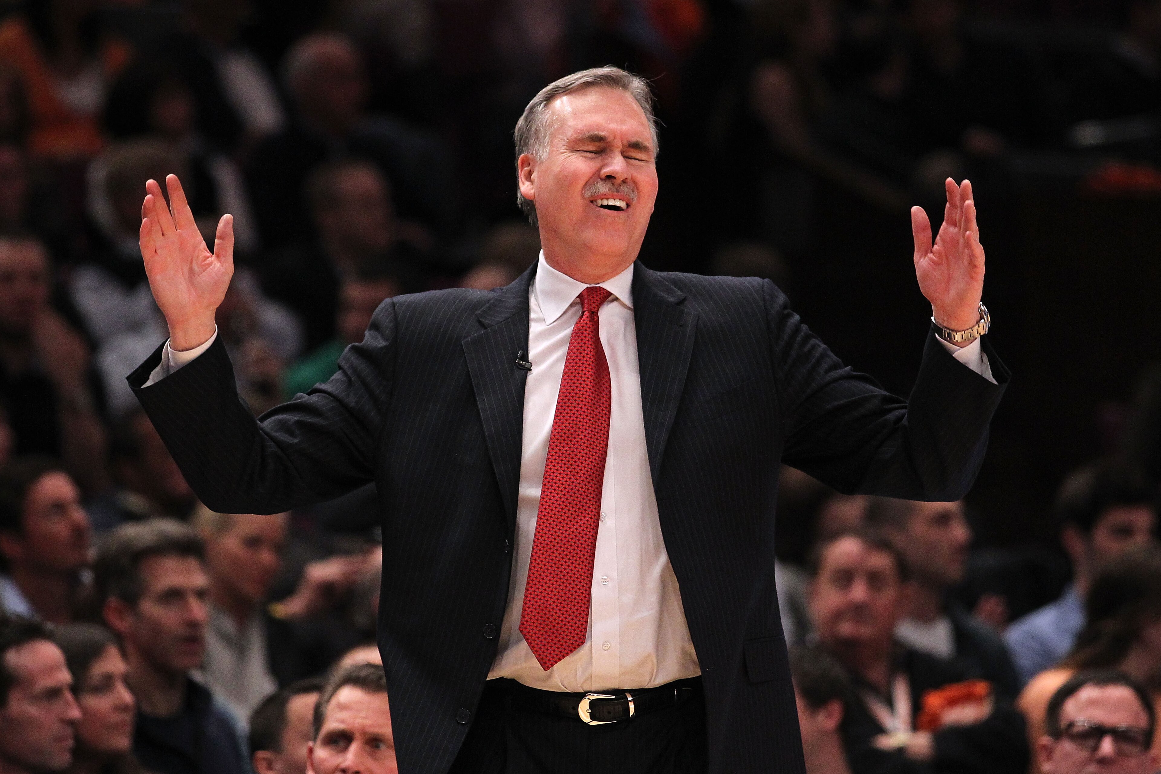 NEW YORK, NY - APRIL 22: Mike D'Antoni of the New York Knicks reacts against the Boston Celtics in Game Three of the Eastern Conference Quarterfinals in the 2011 NBA Playoffs on April 22, 2011 at Madison Square Garden in New York City. NOTE TO USER: Use NEW YORK, NY - APRIL 22: Mike D'Antoni of the New York Knicks reacts against the Boston Celtics in Game Three of the Eastern Conference Quarterfinals in the 2011 NBA Playoffs on April 22, 2011 at Madison Square Garden in New York City. NOTE TO USER: Use