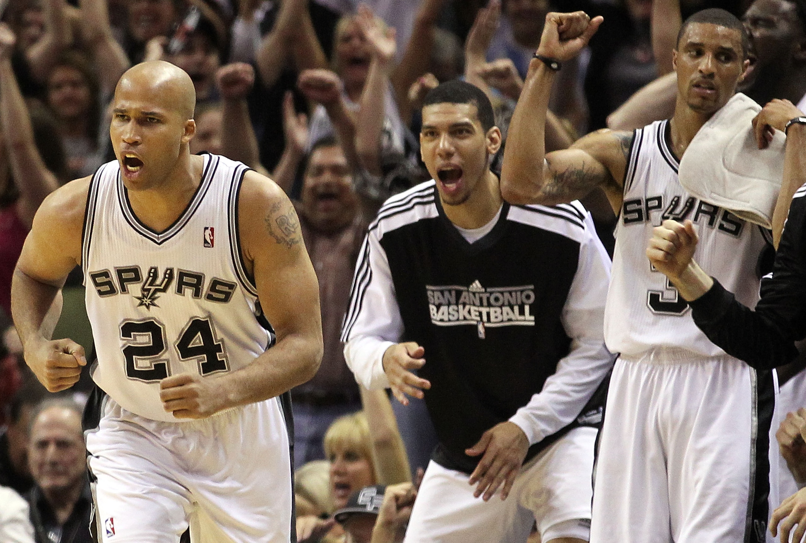 SAN ANTONIO, TX - APRIL 20:  Forward Richard Jefferson #24 of the San Antonio Spurs reacts after making a three-point shot against the Memphis Grizzlies in Game Two of the Western Conference Quarterfinals in the 2011 NBA Playoffs on April 20, 2011 at AT&T