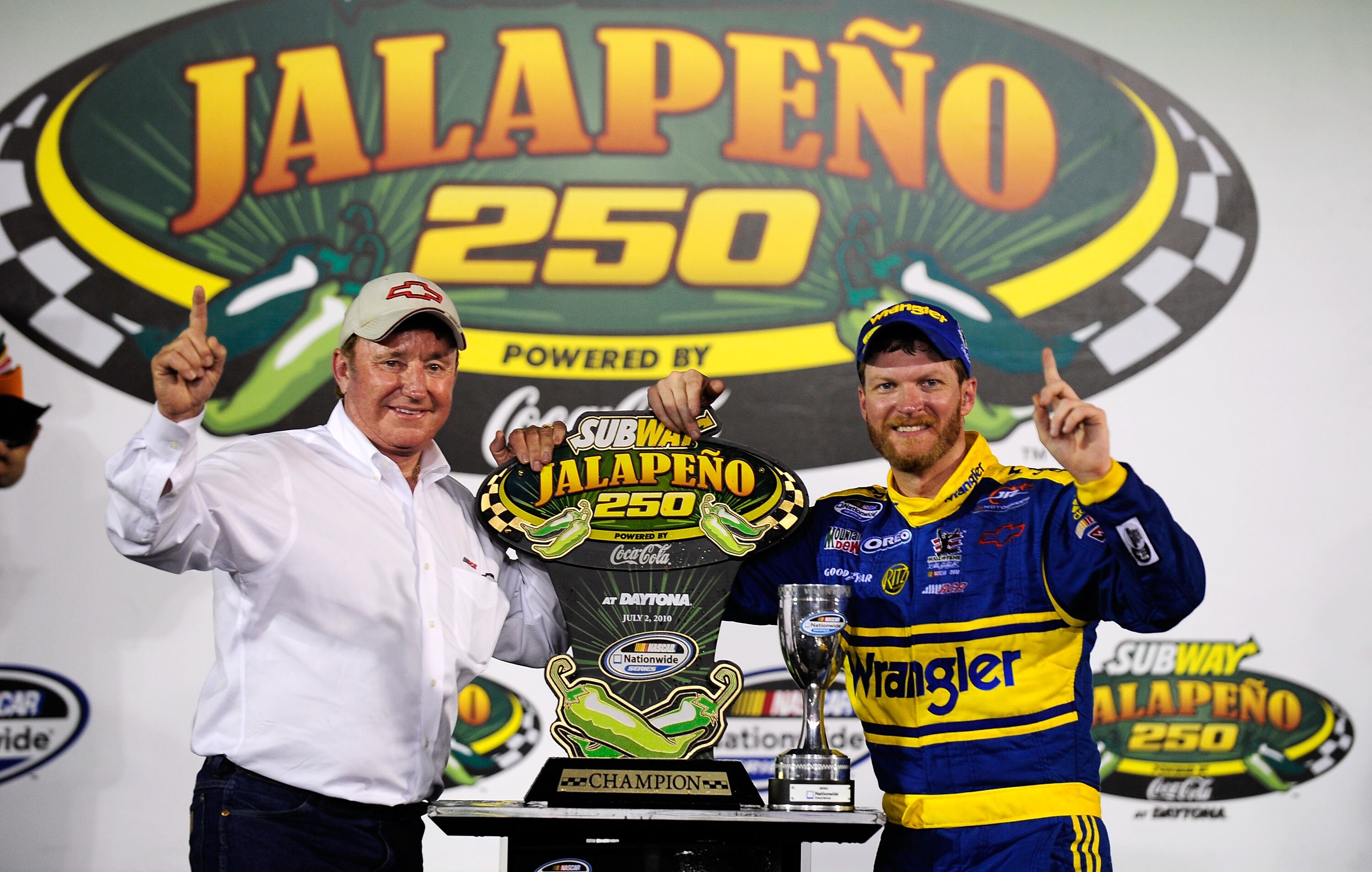 DAYTONA BEACH, FL - JULY 02:  Dale Earnhardt Jr., driver of the #3 Wrangler Chevrolet, celebrates in victory lane with team owner Richard Childress after winning the NASCAR Nationwide Series Subway Jalapeno 250 at Daytona International Speedway on July 2,