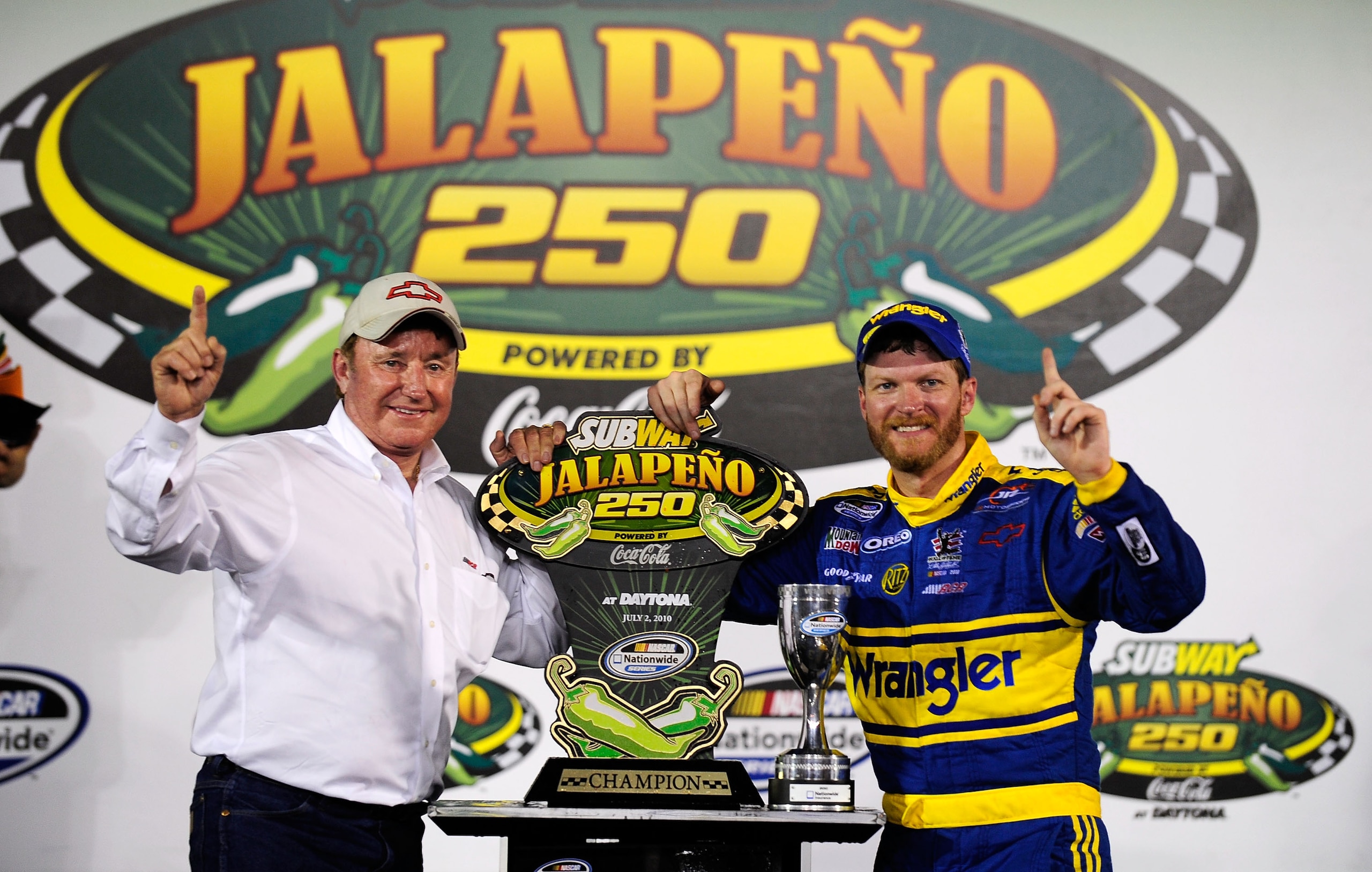 DAYTONA BEACH, FL - JULY 02:  Dale Earnhardt Jr., driver of the #3 Wrangler Chevrolet, celebrates in victory lane with team owner Richard Childress after winning the NASCAR Nationwide Series Subway Jalapeno 250 at Daytona International Speedway on July 2,