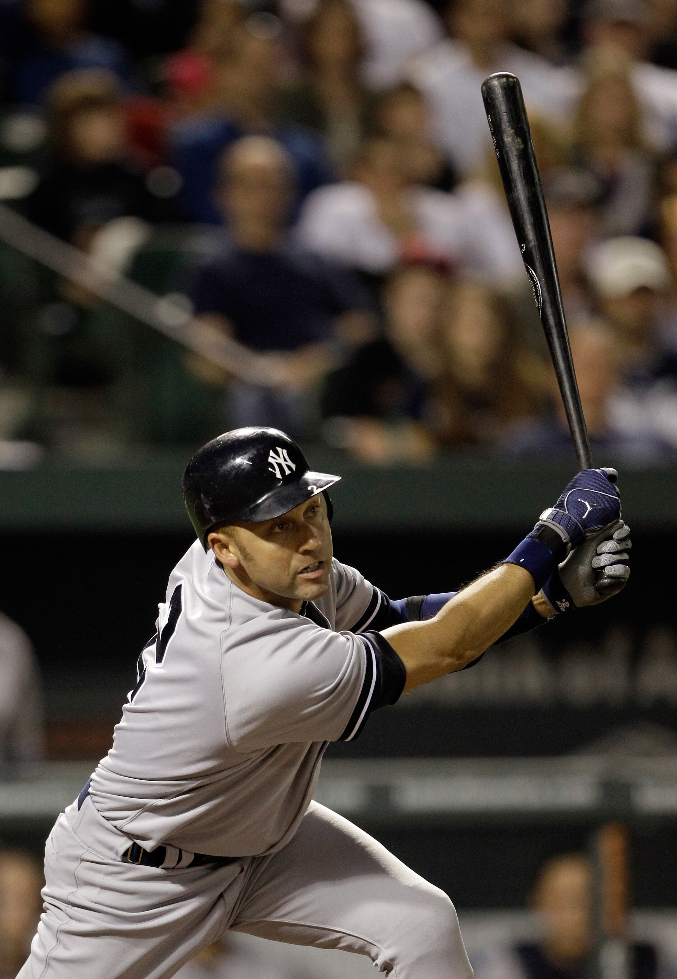 BALTIMORE, MD - APRIL 23:  Derek Jeter #2 of the New York Yankees at the plate against the Baltimore Orioles at Oriole Park at Camden Yards on April 23, 2011 in Baltimore, Maryland.  (Photo by Rob Carr/Getty Images)