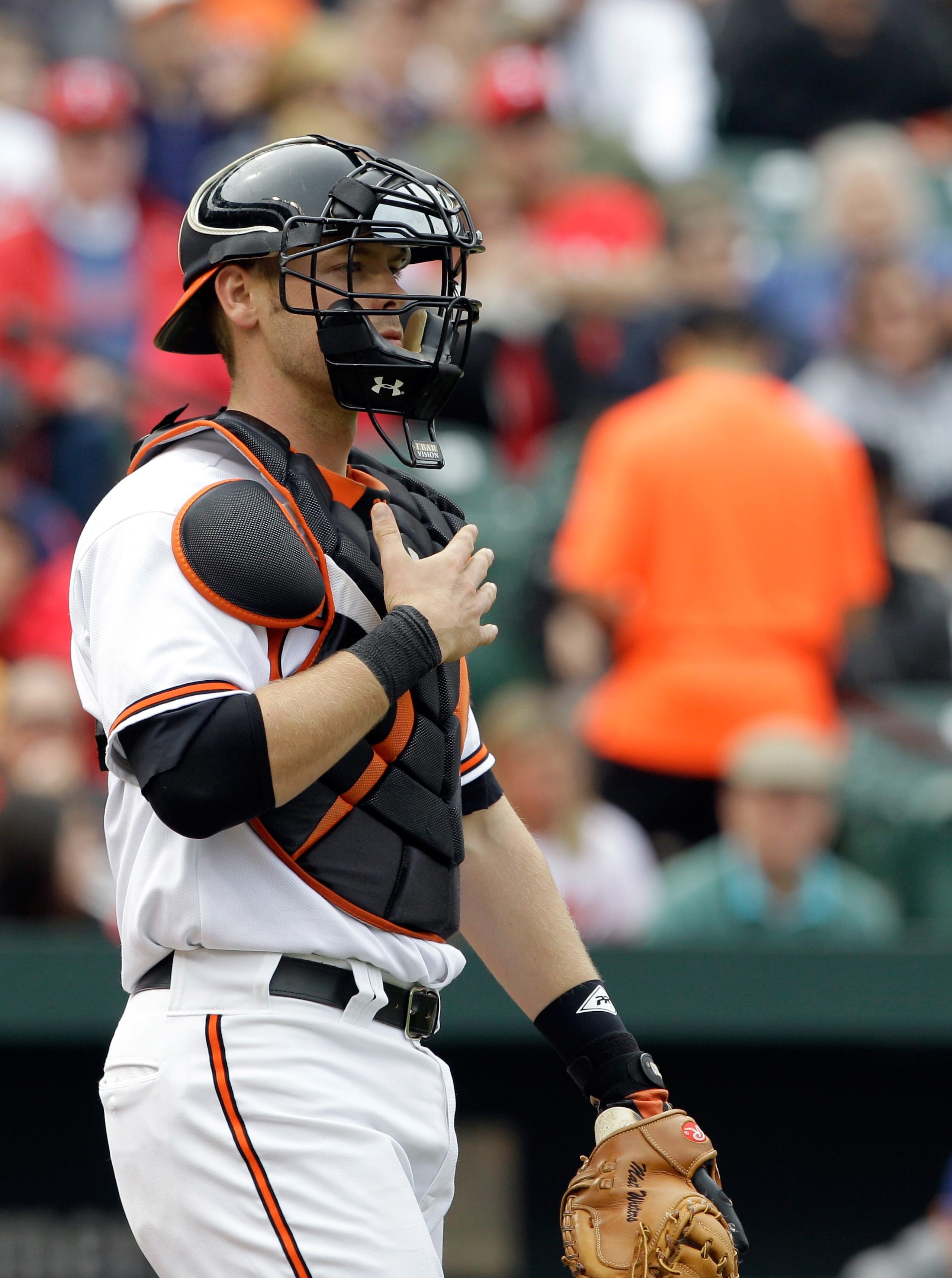 BALTIMORE, MD - APRIL 10: Catcher Matt Wieters #32 of the Baltimore Orioles signals to the infield against the Texas Rangers at Oriole Park at Camden Yards on April 10, 2011 in Baltimore, Maryland. (Photo by Rob Carr/Getty Images) BALTIMORE, MD - APRIL 10: Catcher Matt Wieters #32 of the Baltimore Orioles signals to the infield against the Texas Rangers at Oriole Park at Camden Yards on April 10, 2011 in Baltimore, Maryland. (Photo by Rob Carr/Getty Images)