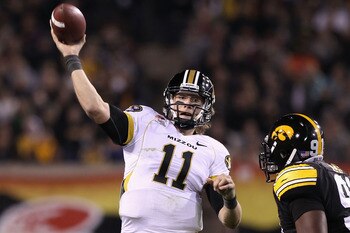 TEMPE, AZ - DECEMBER 28:  Quarterback Blaine Gabbert #11 of the Missouri Tigers throws a pass during the Insight Bowl against the Iowa Hawkeyes at Sun Devil Stadium on December 28, 2010 in Tempe, Arizona.  The Hawkeyes defeated the Tigers 27-24. (Photo by