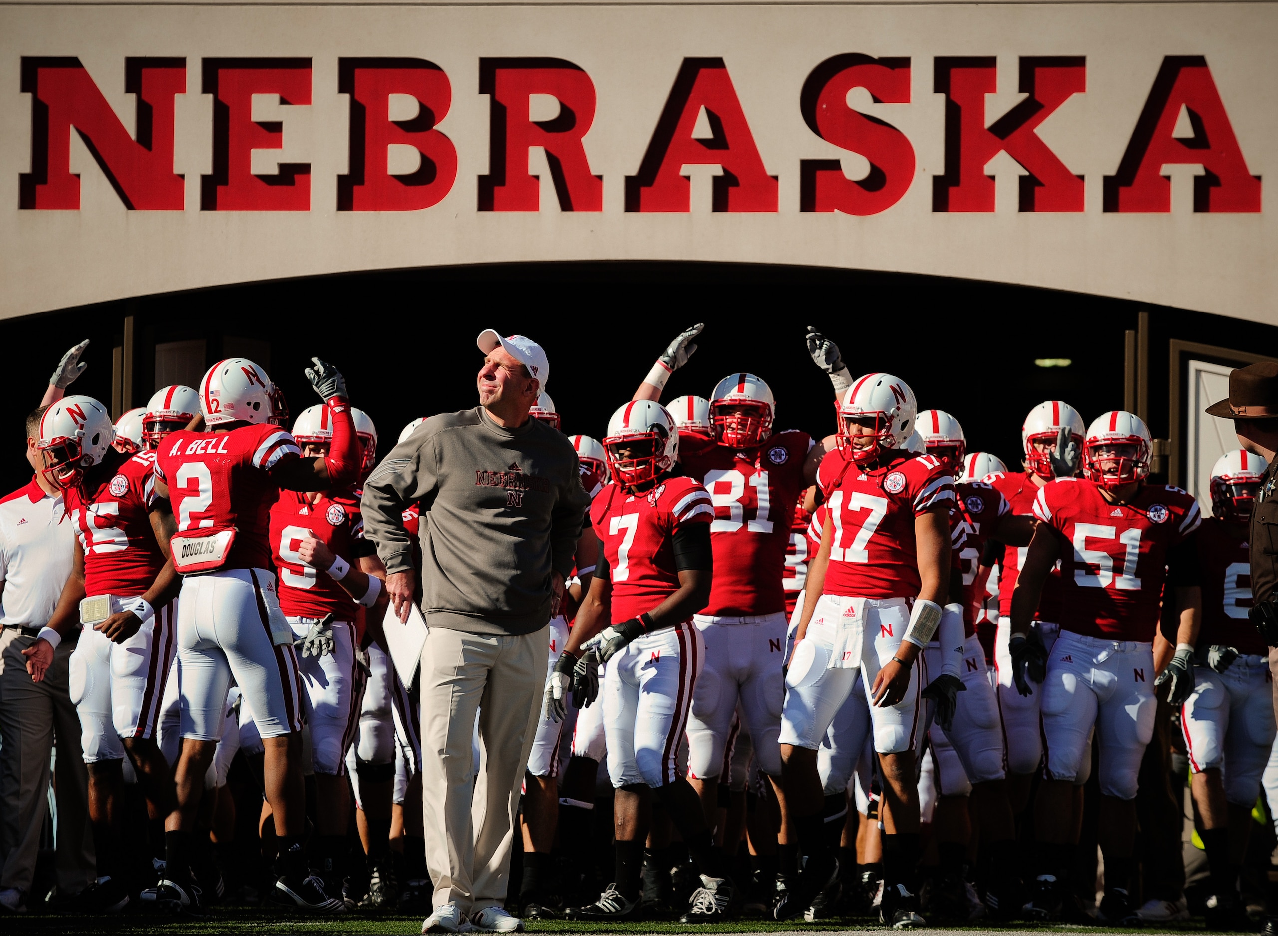 LINCOLN, NE - OCTOBER 30: Coach Bo Pelini soaks up the atmosphere before leading his Nebraska Cornhusker football team on the field against the Missouri Tigers at Memorial Stadium on October 30, 2010 in Lincoln, Nebraska. Nebraska Defeated Missouri 31-17.