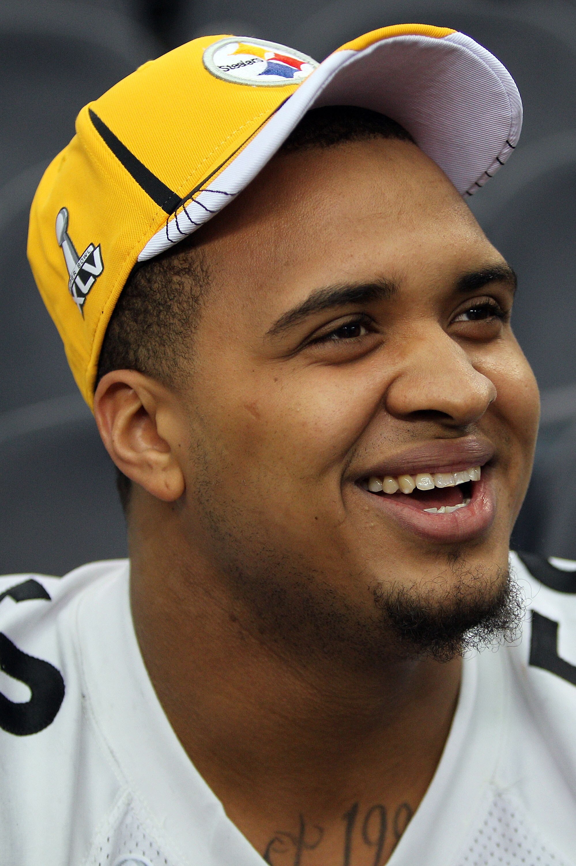 ARLINGTON, TX - FEBRUARY 01:  Maurkice Pouncey #53 of the Pittsburgh Steelers is interviewed during Super Bowl XLV Media Day ahead of Super Bowl XLV at Cowboys Stadium on February 1, 2011 in Arlington, Texas. The Pittsburgh Steelers will play the Green Ba