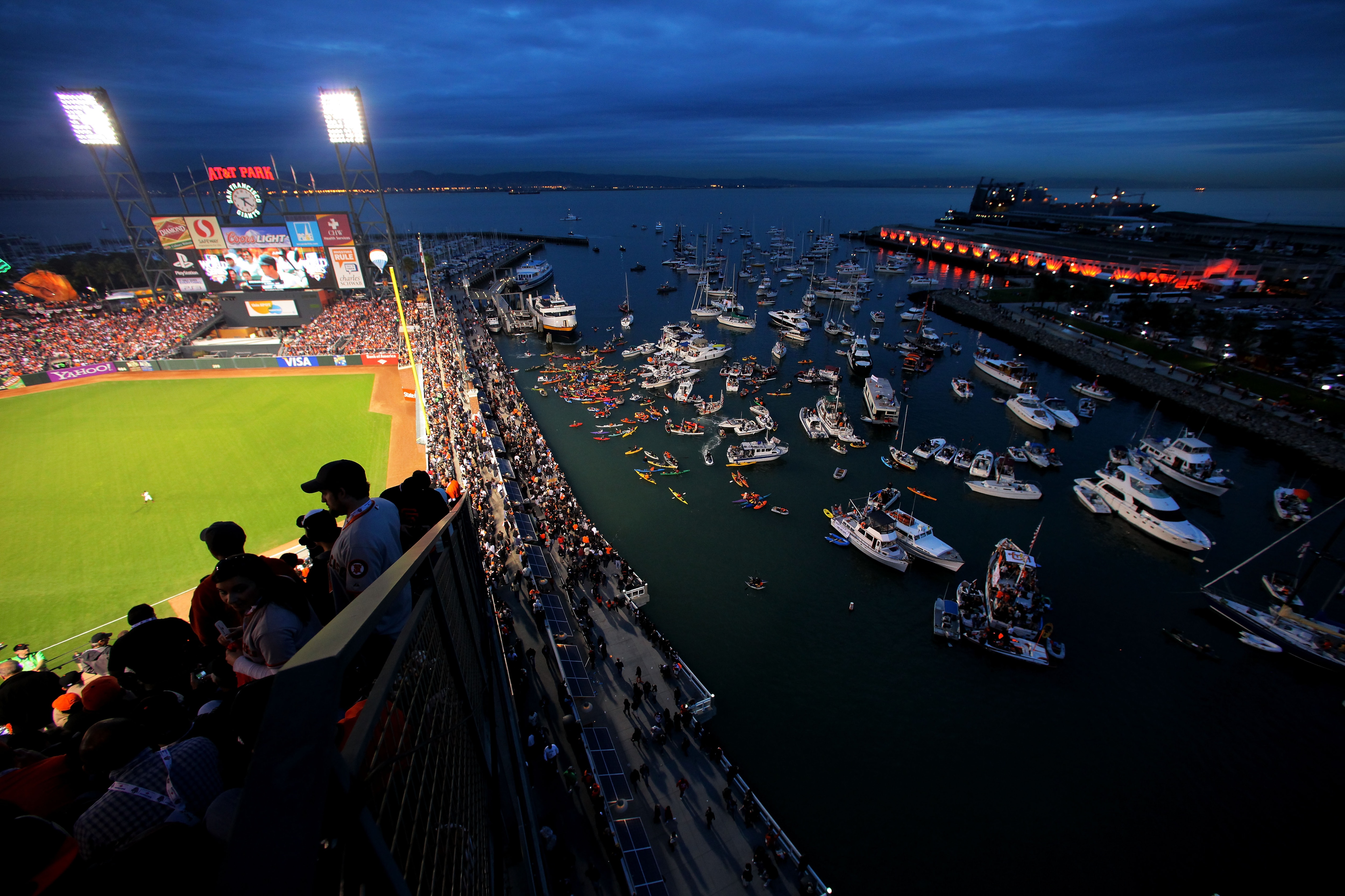 SAN FRANCISCO - OCTOBER 27:  Boaters and fans congregate in McCovey Cove outside of AT&T Park during Game One of the 2010 MLB World Series between the Texas Rangers and the San Francisco Giants on October 27, 2010 in San Francisco, California.  (Photo by