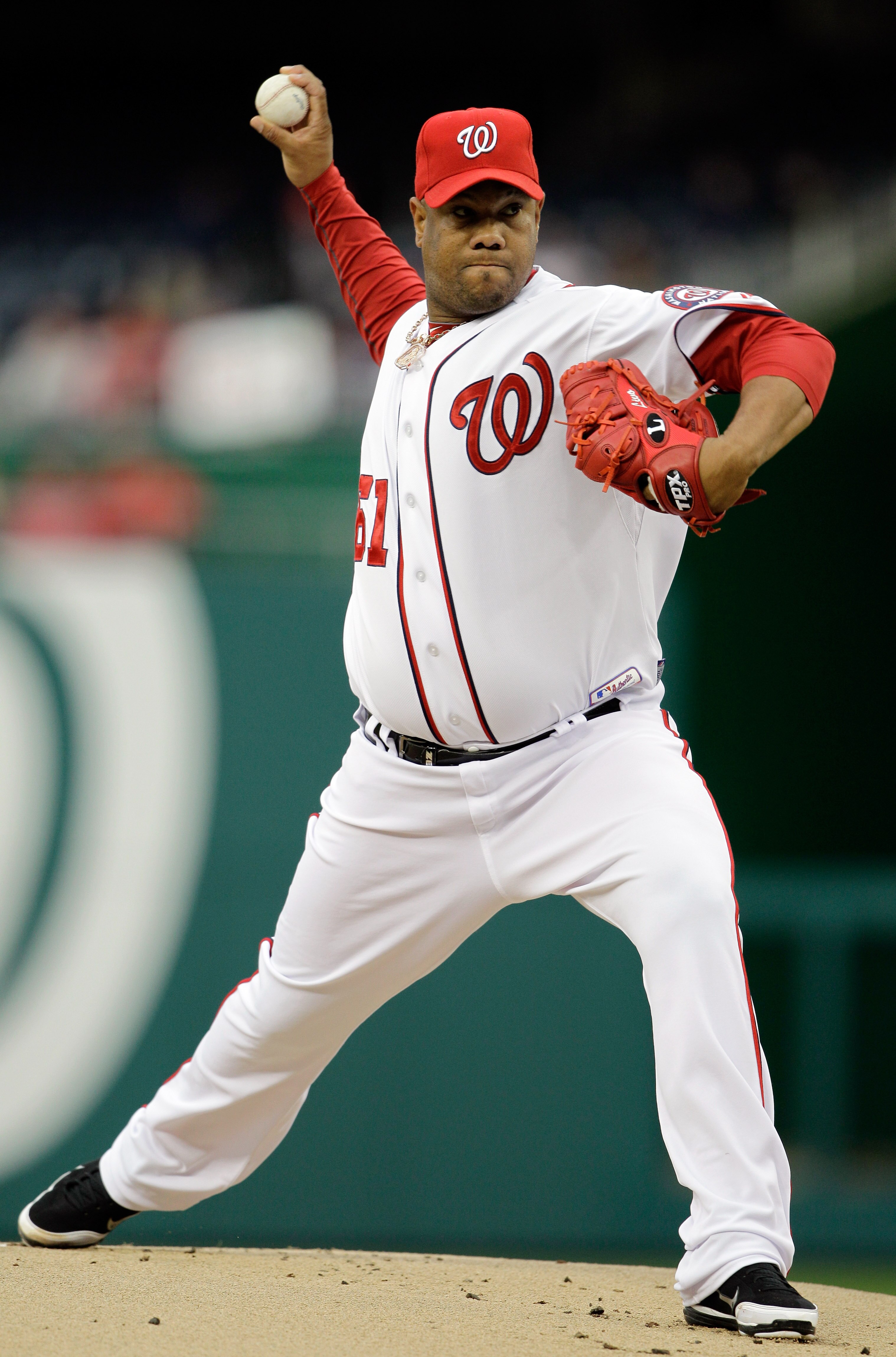 WASHINGTON, DC - APRIL 12: Pitcher Livan Hernandez #61 of the Washington Nationalsdelivers to a Philadelphia Phillies batter during the second inning at Nationals Park on April 12, 2011 in Washington, DC. (Photo by Rob Carr/Getty Images)