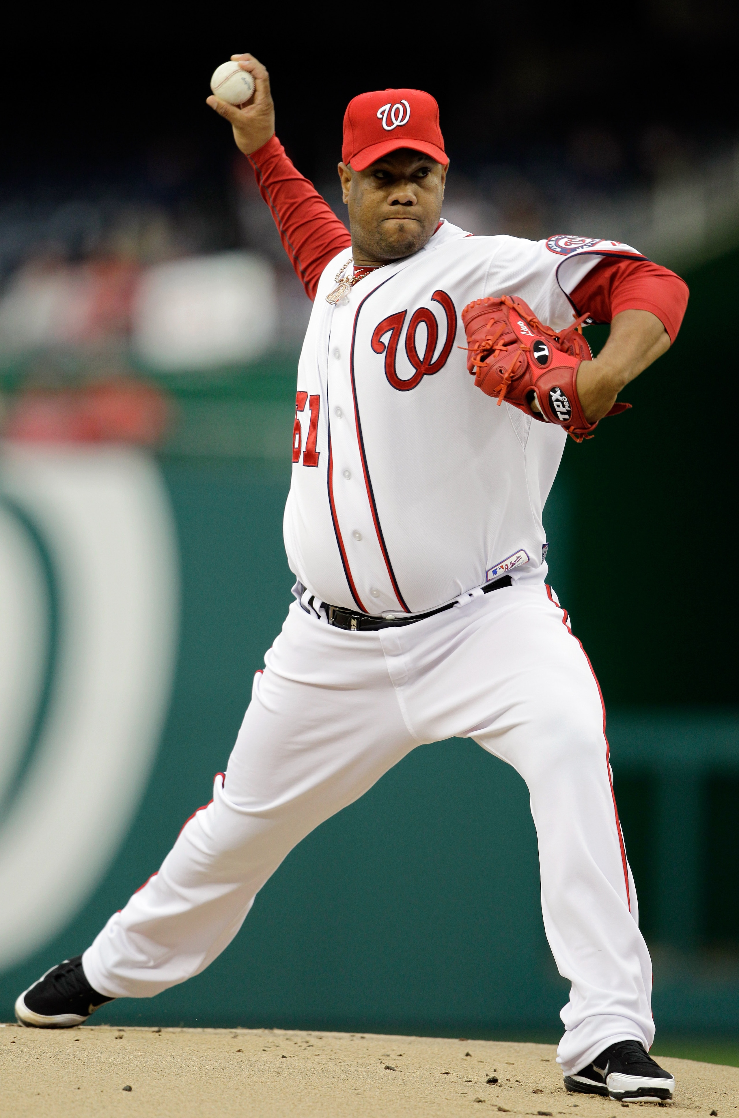 WASHINGTON, DC - APRIL 12: Pitcher Livan Hernandez #61 of the Washington Nationalsdelivers to a Philadelphia Phillies batter during the second inning at Nationals Park on April 12, 2011 in Washington, DC. (Photo by Rob Carr/Getty Images)