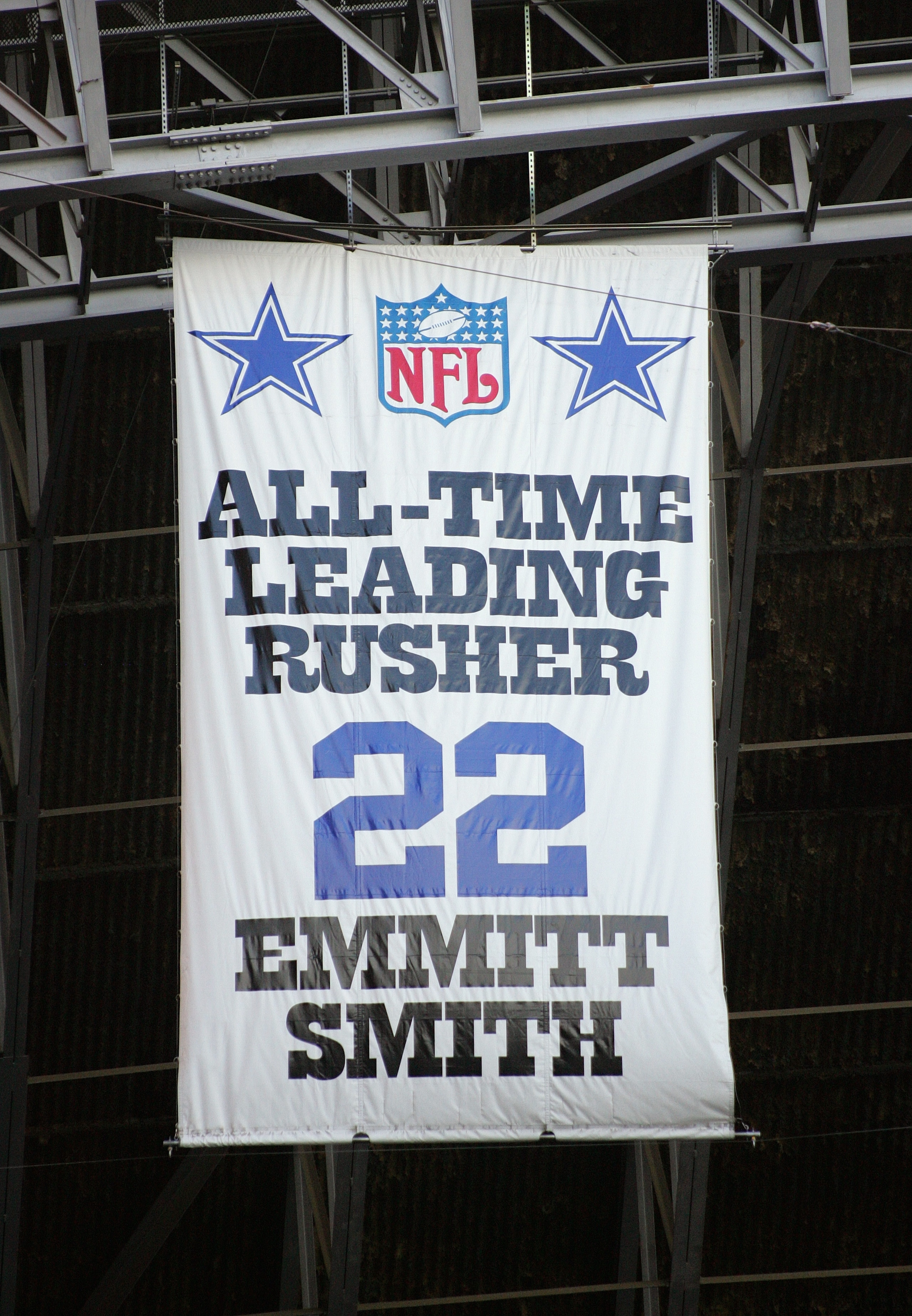 IRVING, TX - NOVEMBER 20:  A banner hangs from the rafters commemorating NFL All-Time Leading Rusher and  former Dallas Cowboys runningback Emmitt Smith during the game between the Detroit Lions and the Dallas Cowboys on November 20, 2005 at Texas Stadium