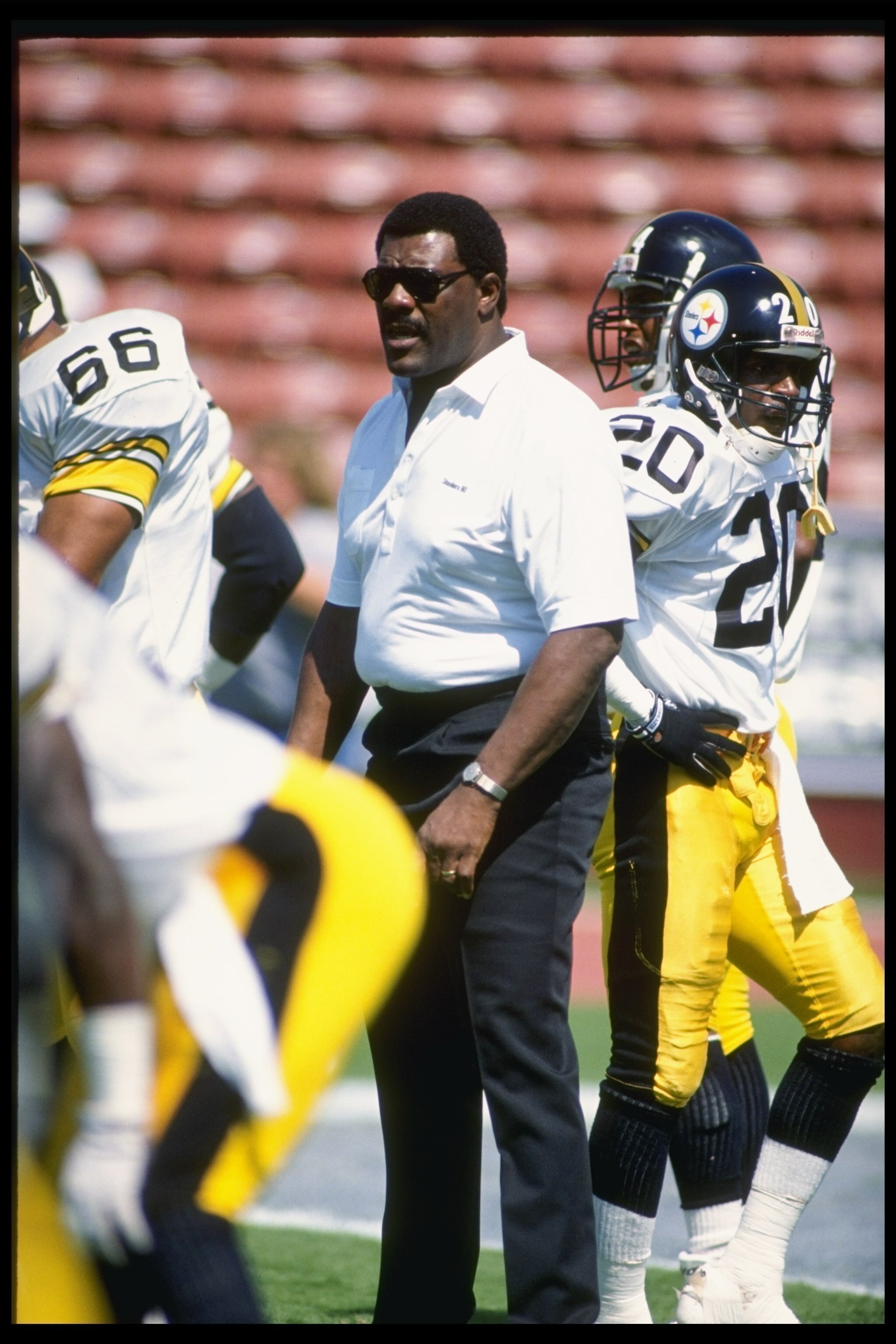23 Sep 1990:  Pittsburgh Steelers coach (Mean) Joe Greene looks on during a game against the Los Angeles Raiders at  the Los Angeles Memorial Coliseum in Los Angeles, California.  The Raiders won the game, 20-3. Mandatory Credit: Ken Levine  /Allsport