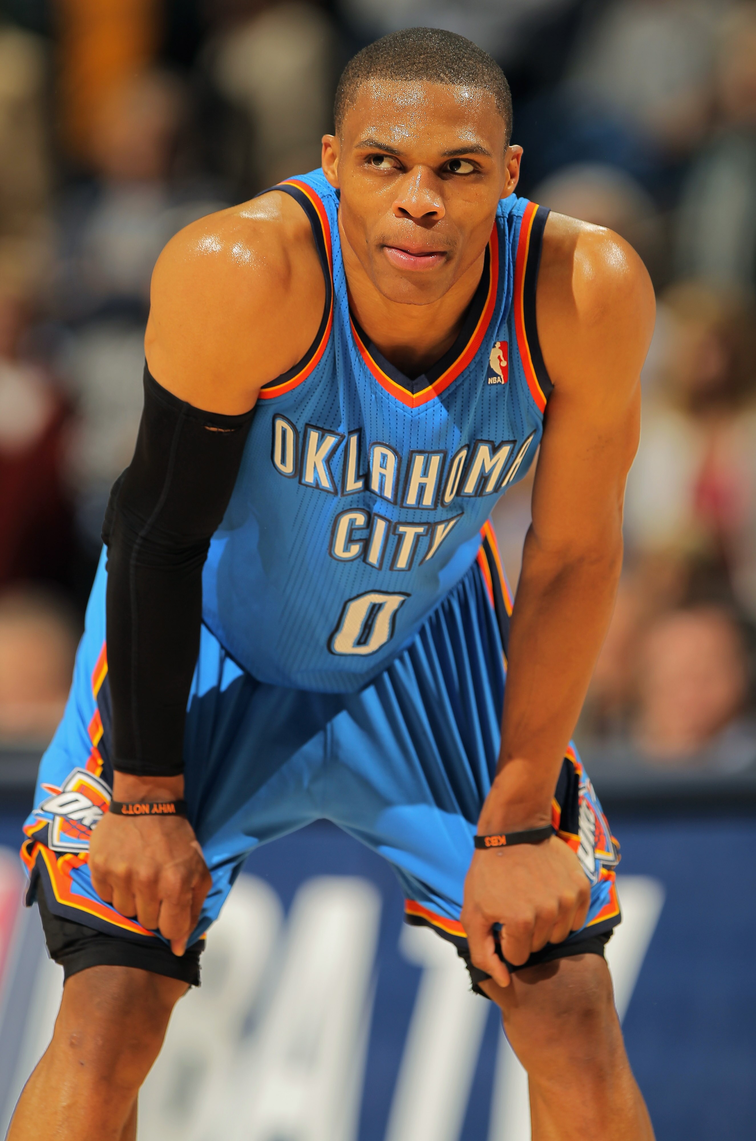 DENVER, CO - APRIL 23:  Russell Westbrook #0 of the Oklahoma City Thunder looks on against the Denver Nuggets in Game Three of the Western Conference Quarterfinals in the 2011 NBA Playoffs on April 23, 2011 at the Pepsi Center in Denver, Colorado. NOTE TO