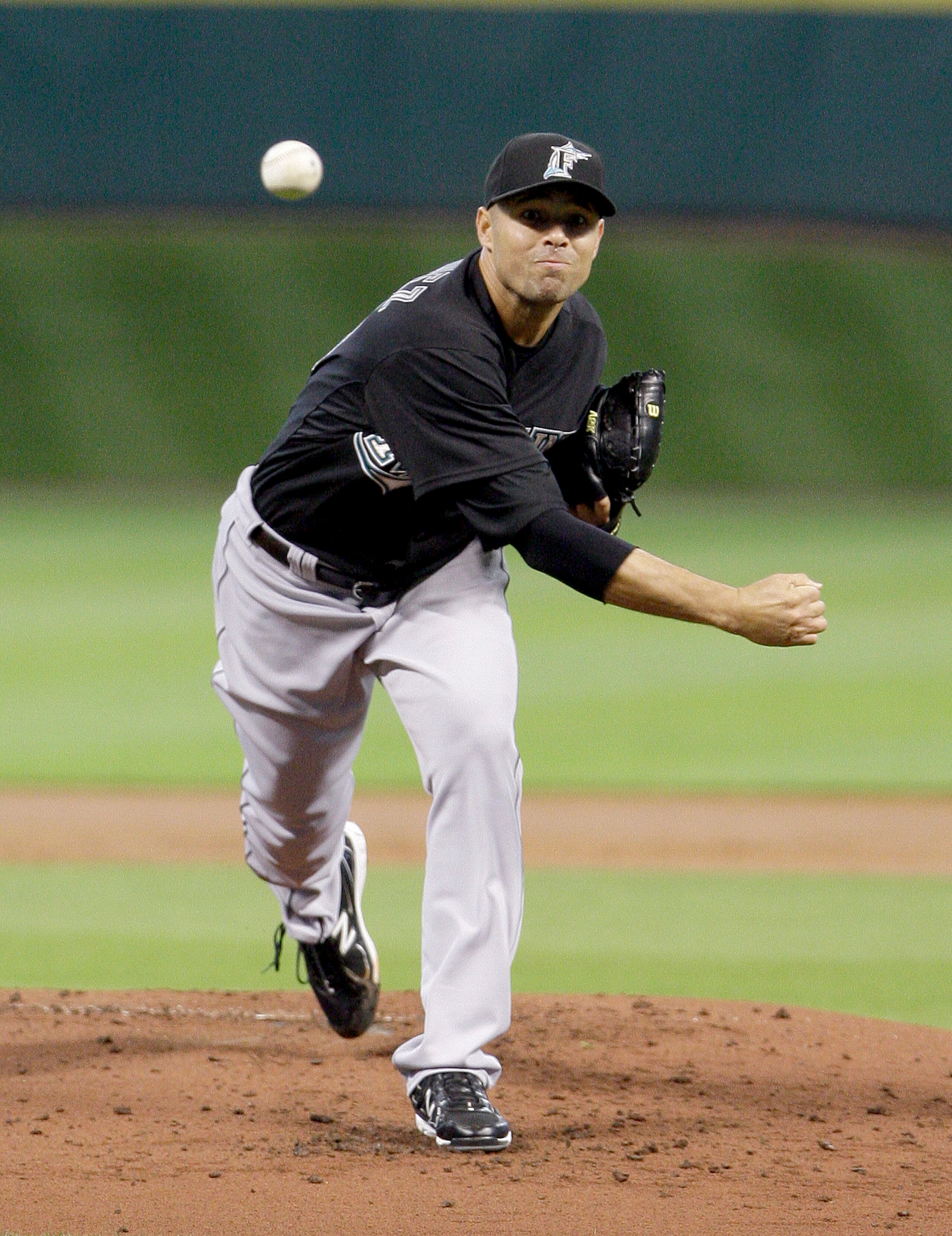 HOUSTON, TX - APRIL 09 : Pitcher Javier Vasquez , #23 of the Florida Marlins pitches against the Houston Astros in a MLB game on April 9, 2011 at Minute Maid Park in Houston, Texas. The Marlins won 4 to 3. (Photo by Thomas B. Shea / Getty Images)