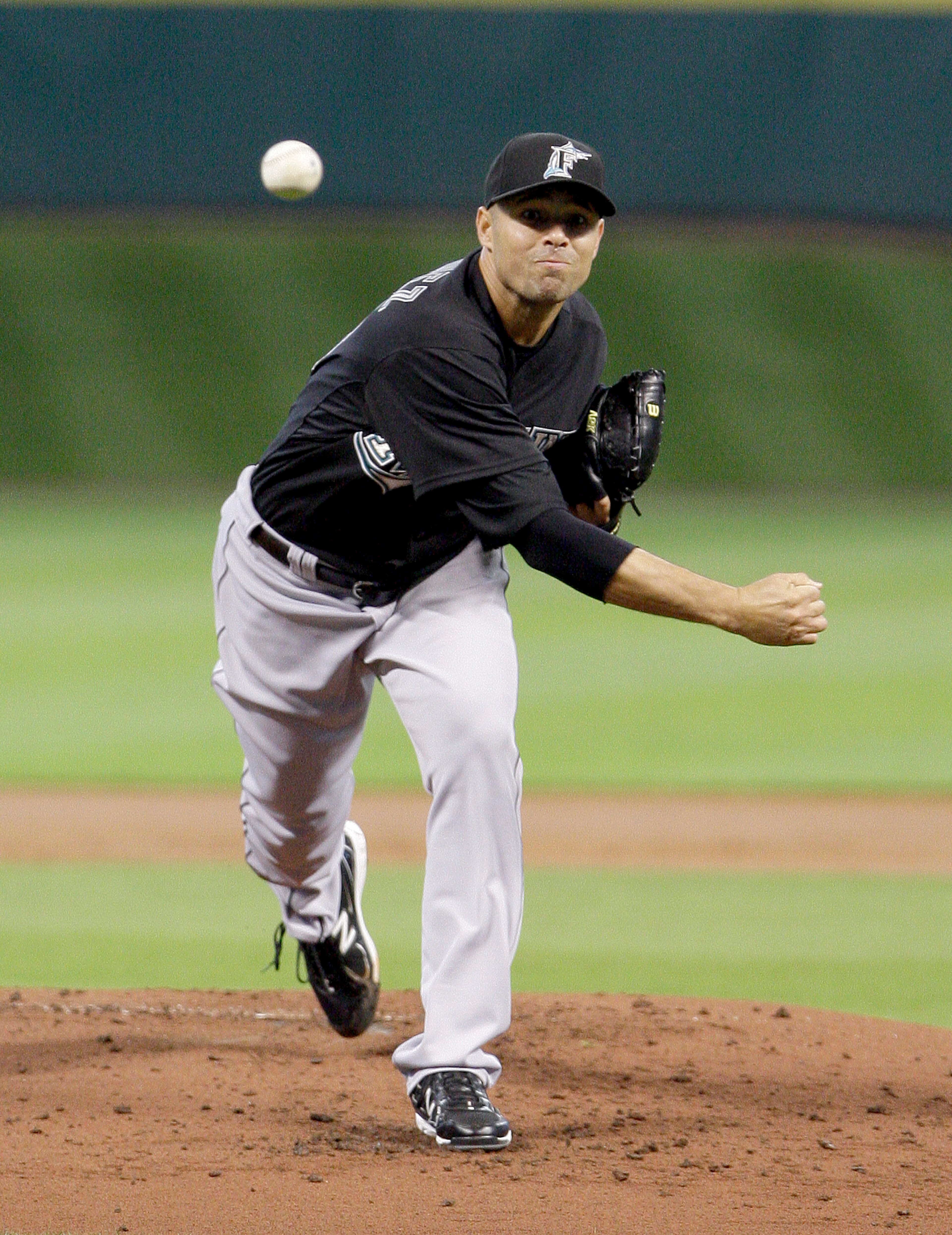 HOUSTON, TX - APRIL 09 : Pitcher Javier Vasquez , #23 of the Florida Marlins pitches against the Houston Astros in a MLB game on April 9, 2011 at Minute Maid Park in Houston, Texas. The Marlins won 4 to 3. (Photo by Thomas B. Shea / Getty Images)