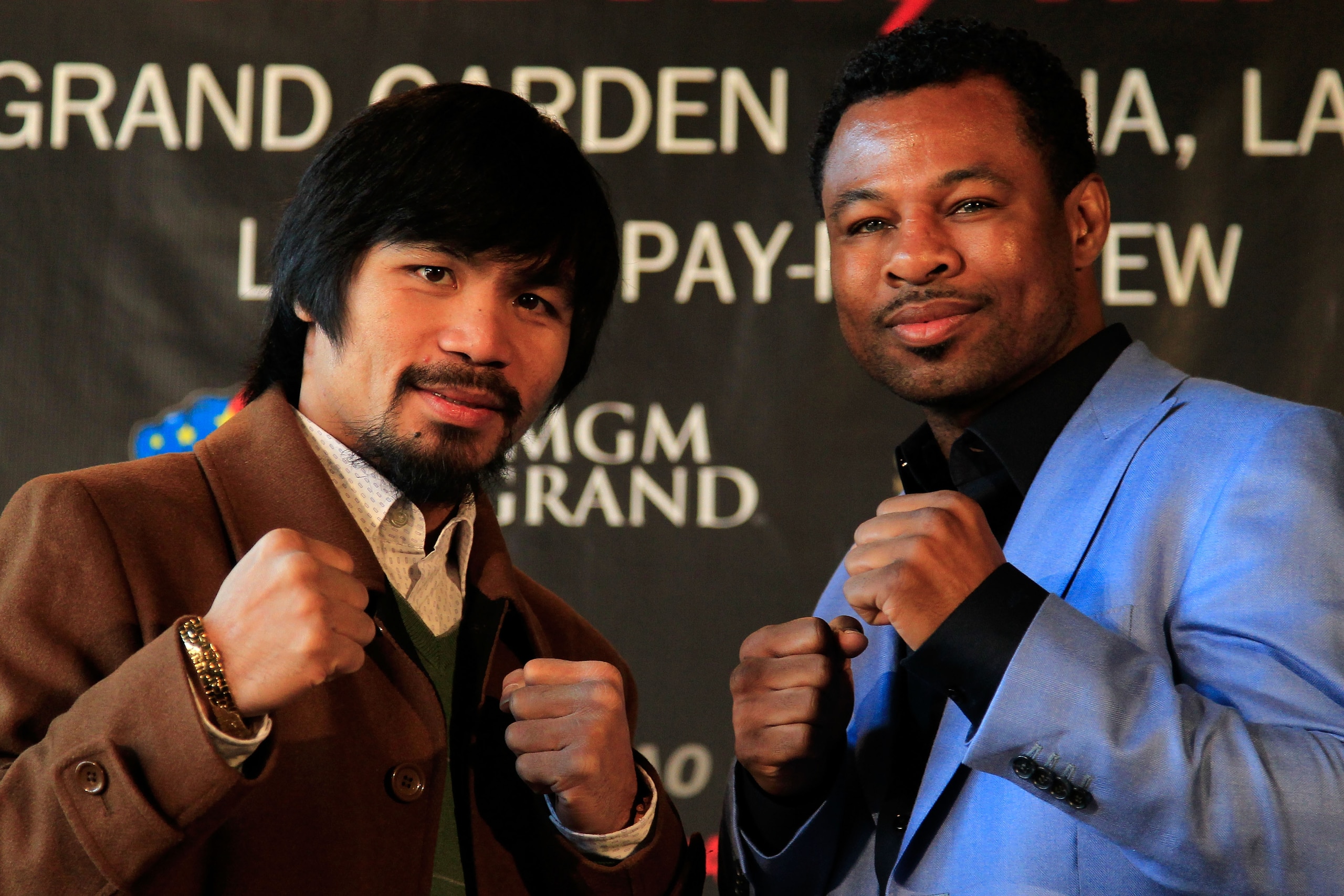 NEW YORK, NY - FEBRUARY 14: Manny Pacquiao (L) and Shane Mosley pose for photographs to promote their upcoming fight at The Lighthouse at Chelsea Piers on February 14, 2011 in New York City. (Photo by Chris Trotman/Getty Images) NEW YORK, NY - FEBRUARY 14: Manny Pacquiao (L) and Shane Mosley pose for photographs to promote their upcoming fight at The Lighthouse at Chelsea Piers on February 14, 2011 in New York City. (Photo by Chris Trotman/Getty Images)