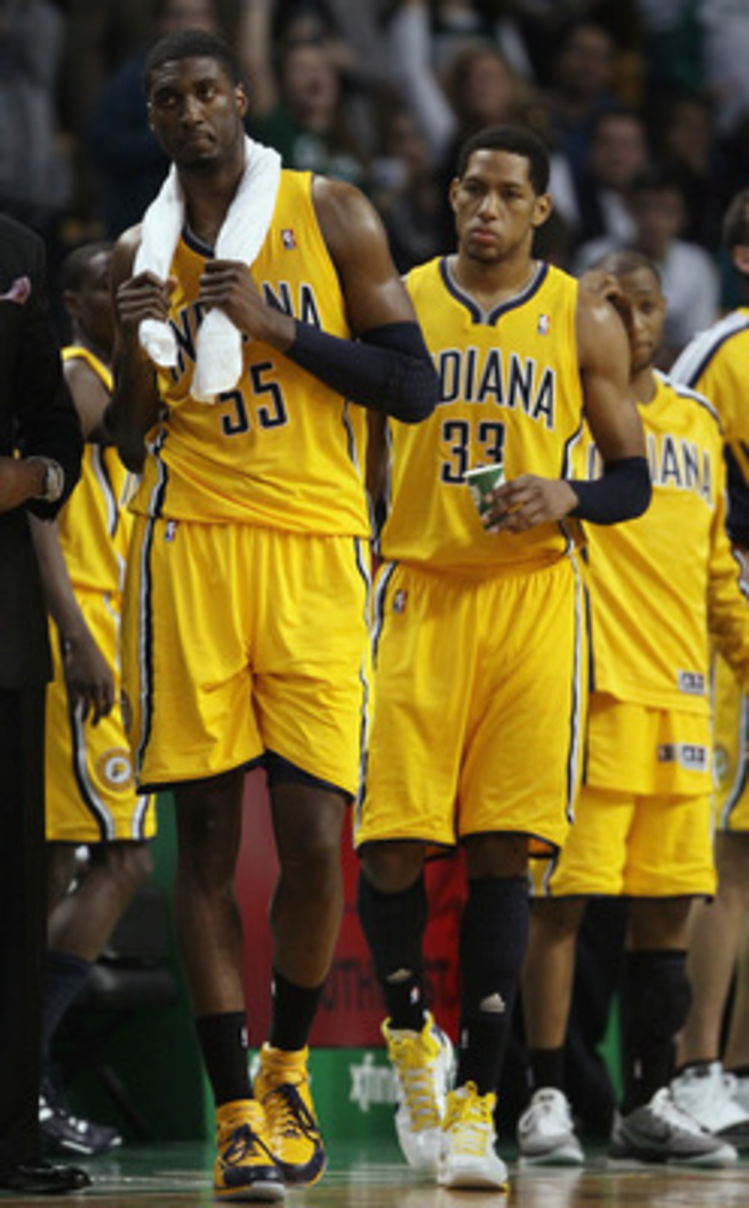 BOSTON, MA - MARCH 16:  Roy Hibbert #55 and Danny Granger #33 of the Indiana Pacers react after the game against the Boston Celtics on March 16, 2011 at the TD Garden in Boston, Massachusetts. The Celtics defeated the Indiana Pacers 92-80. NOTE TO USER: U