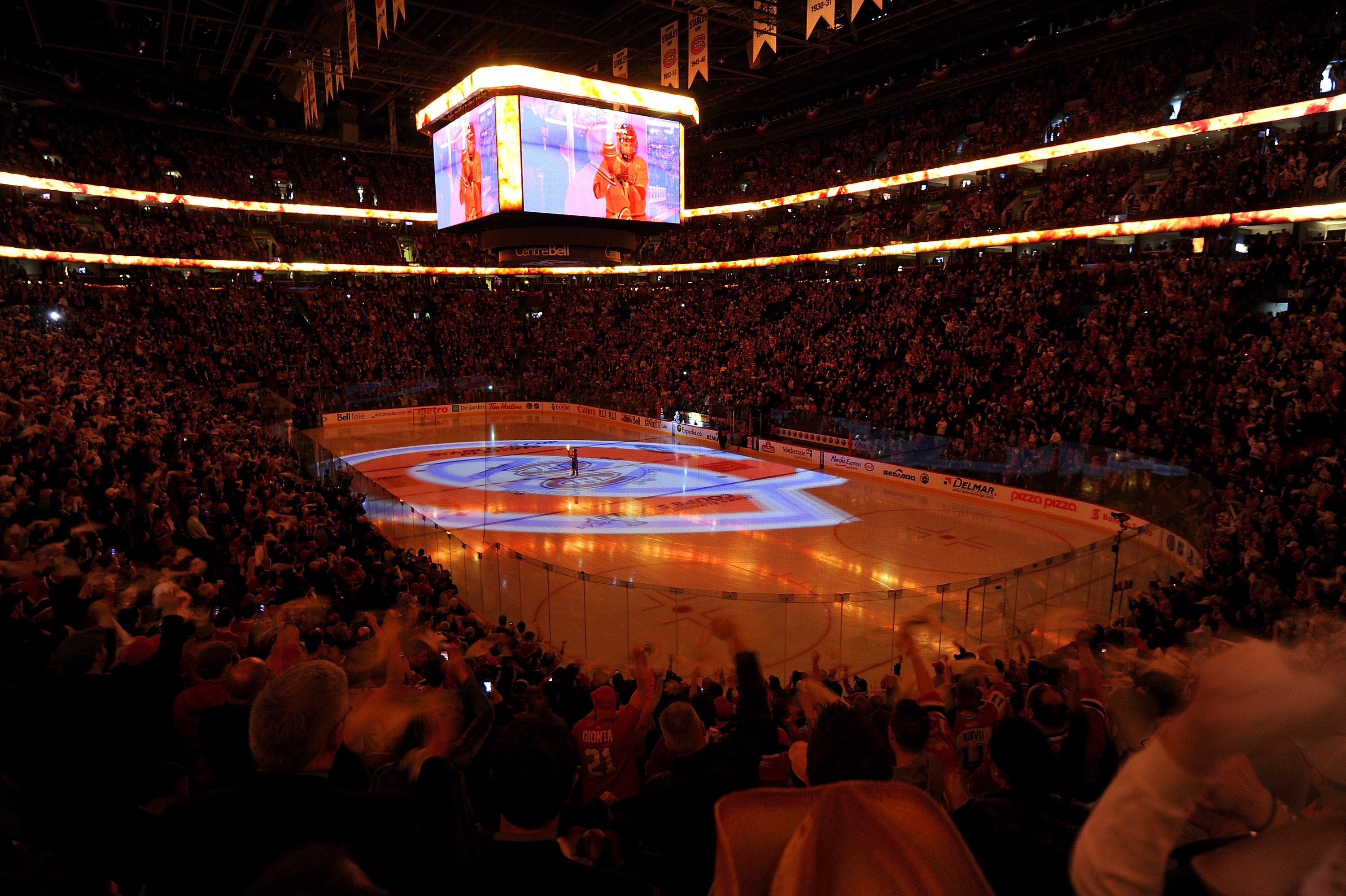 MONTREAL, CANADA - APRIL 21:  Fans take in the pre-game activities before Game Four of the Eastern Conference Quarterfinals between the Boston Bruins and the Montreal Canadiens during the 2011 NHL Stanley Cup Playoffs at the Bell Centre on April 21, 2011