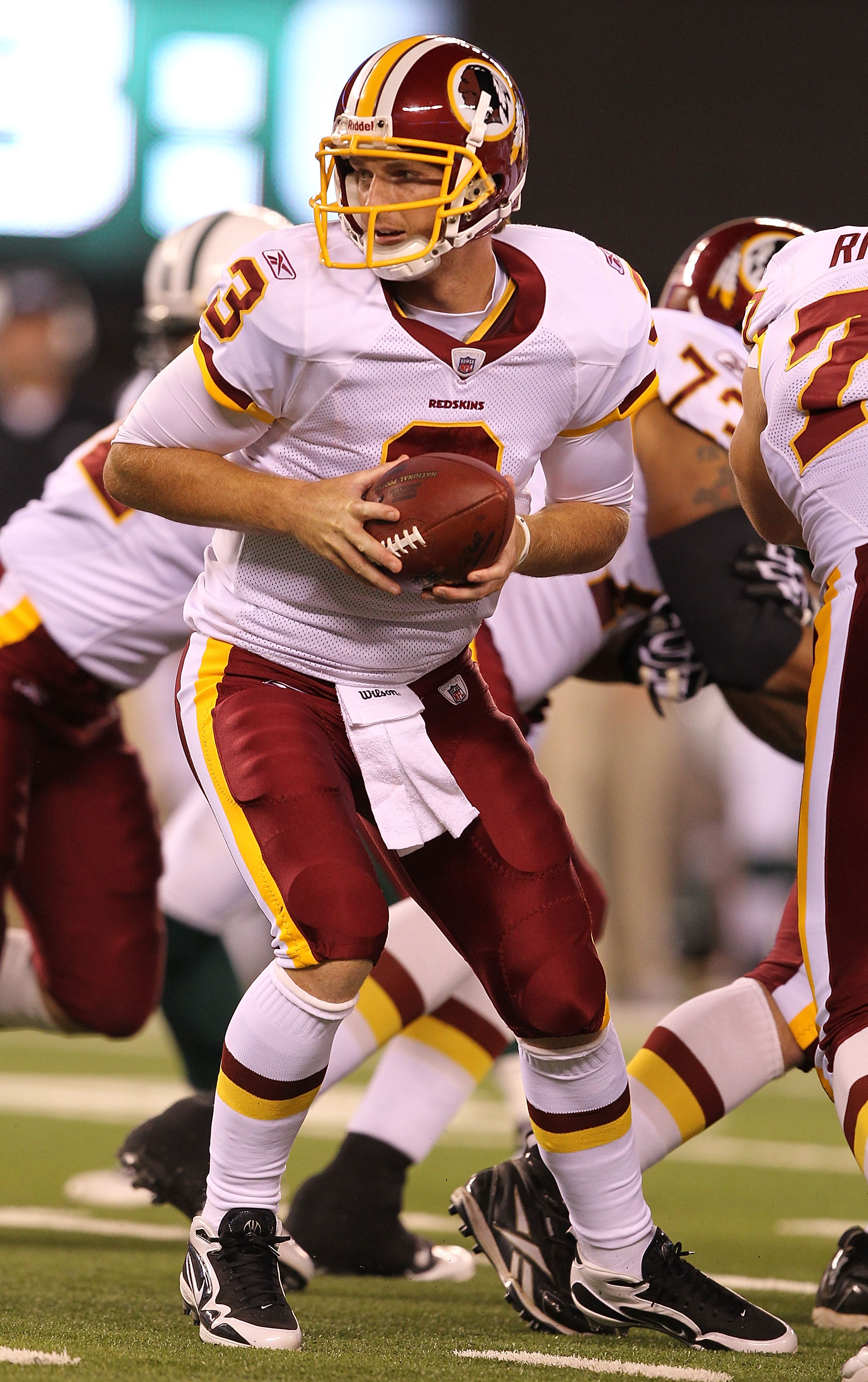 EAST RUTHERFORD, NJ - AUGUST 27:  John Beck #3 of the Washington Redskins  in action against  the New York Jets during their preseason game on August 27, 2010 at the New Meadowlands Stadium  in East Rutherford, New Jersey.  (Photo by Al Bello/Getty Images