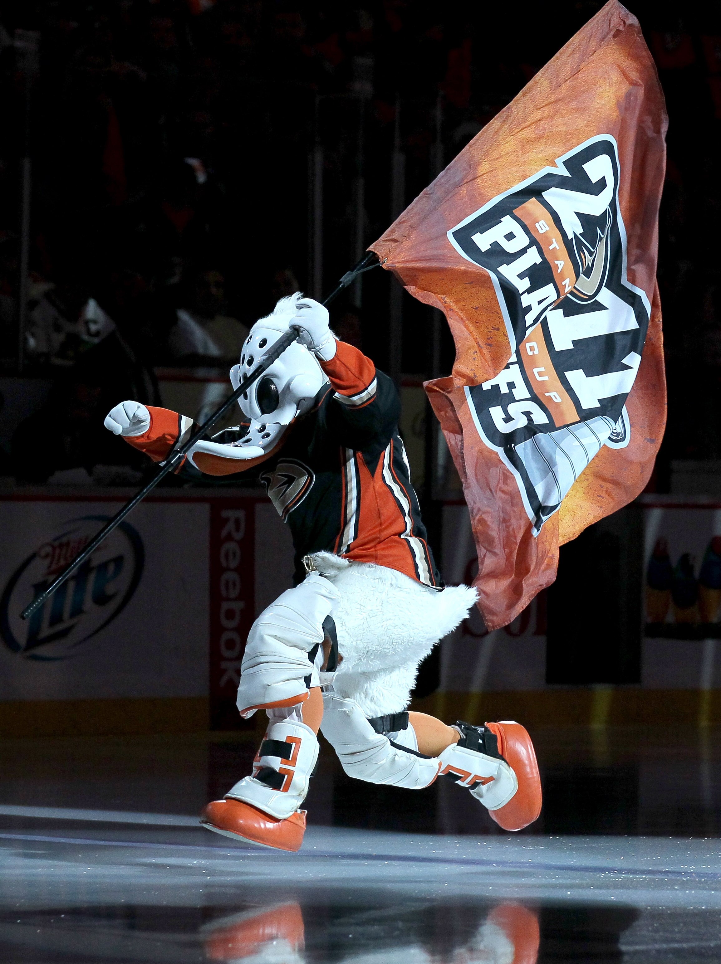 ANAHEIM - APRIL 22:   Anaheim Ducks mascot Wild Wing carries a flag on the ice before the game with the Nashville Predators in Game Five of the Western Conference Quarterfinals during the 2011 NHL Stanley Cup Playoffs at Honda Center on April 22, 2011 in