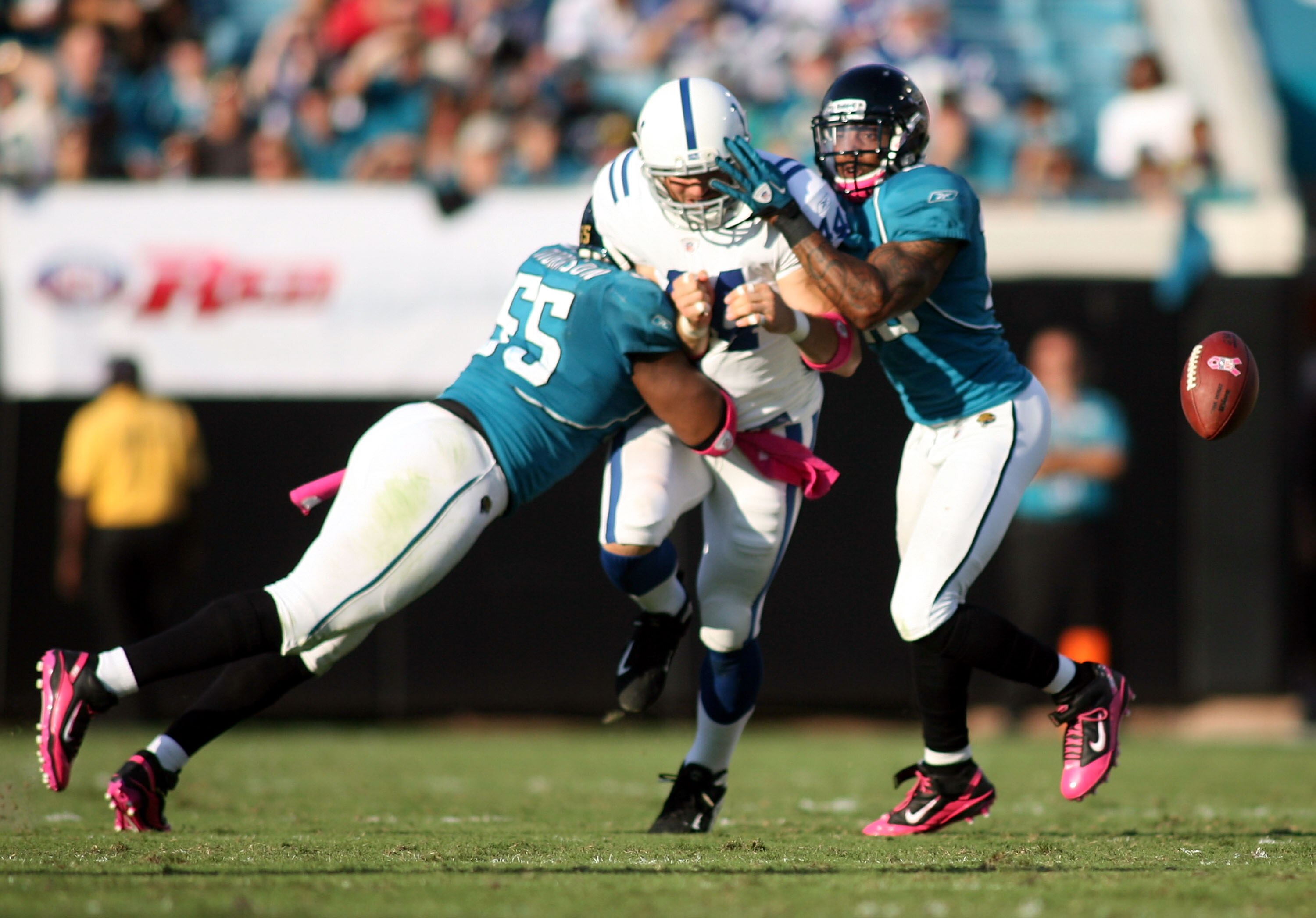 JACKSONVILLE, FL - OCTOBER 03:  Tight end Dallas Clark #44 of the Indianapolis Colts cannot hold onto a pass against the Jacksonville Jaguars at EverBank Field on October 3, 2010 in Jacksonville, Florida.  (Photo by Marc Serota/Getty Images)