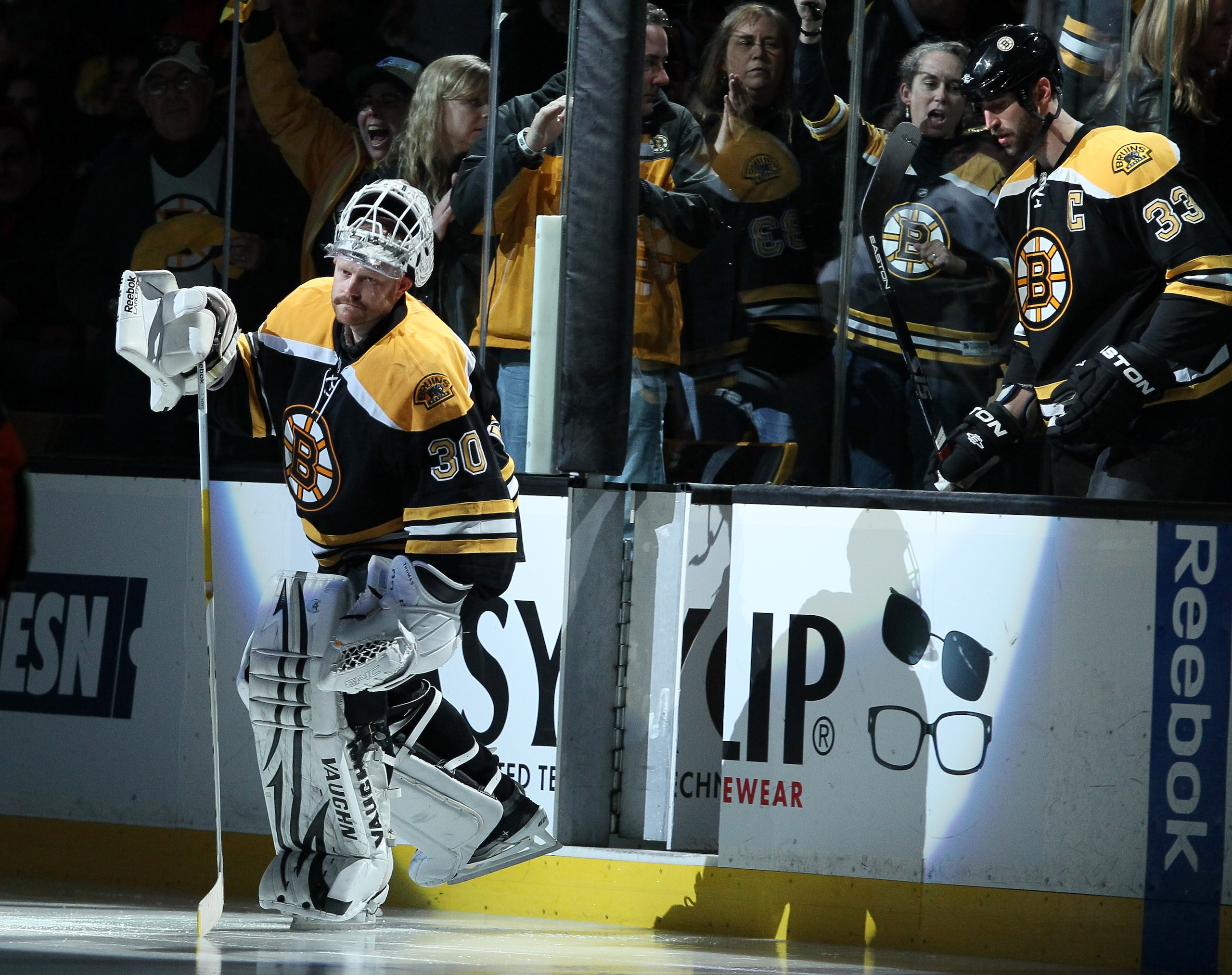 BOSTON, MA - APRIL 23: Tim Thomas #30 of the Boston Bruins walks on the ice before the start of the second overtime period in Game Five of the Eastern Conference Quarterfinals during the 2011 NHL Stanley Cup Playoffs at TD Garden on April 23, 2011 in Bost
