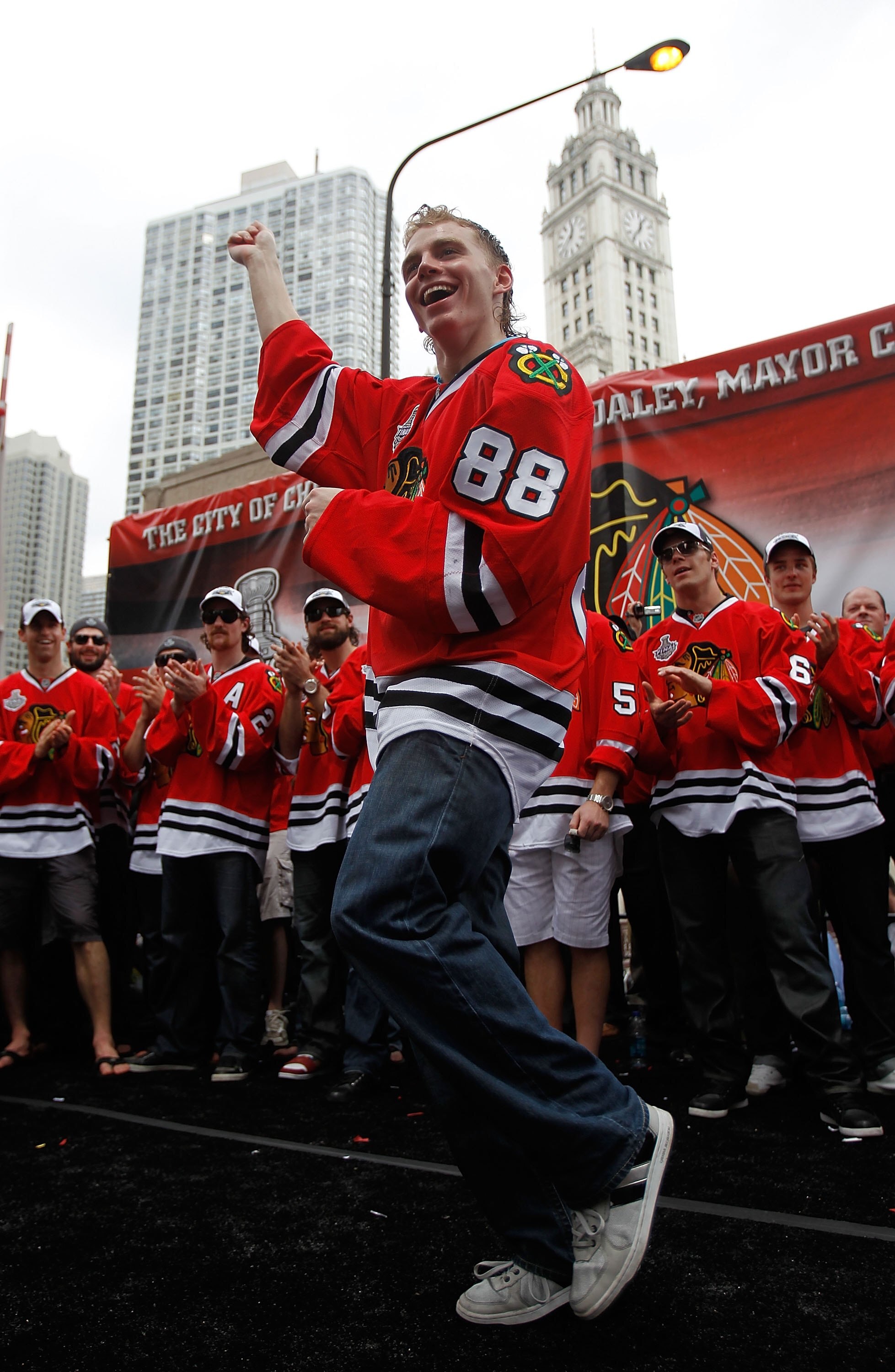 CHICAGO - JUNE 11: Patrick Kane #88 is introduced to the crowd during the Chicago Blackhawks Stanley Cup victory parade and rally on June 11, 2010 in Chicago, Illinois. (Photo by Jonathan Daniel/Getty Images)