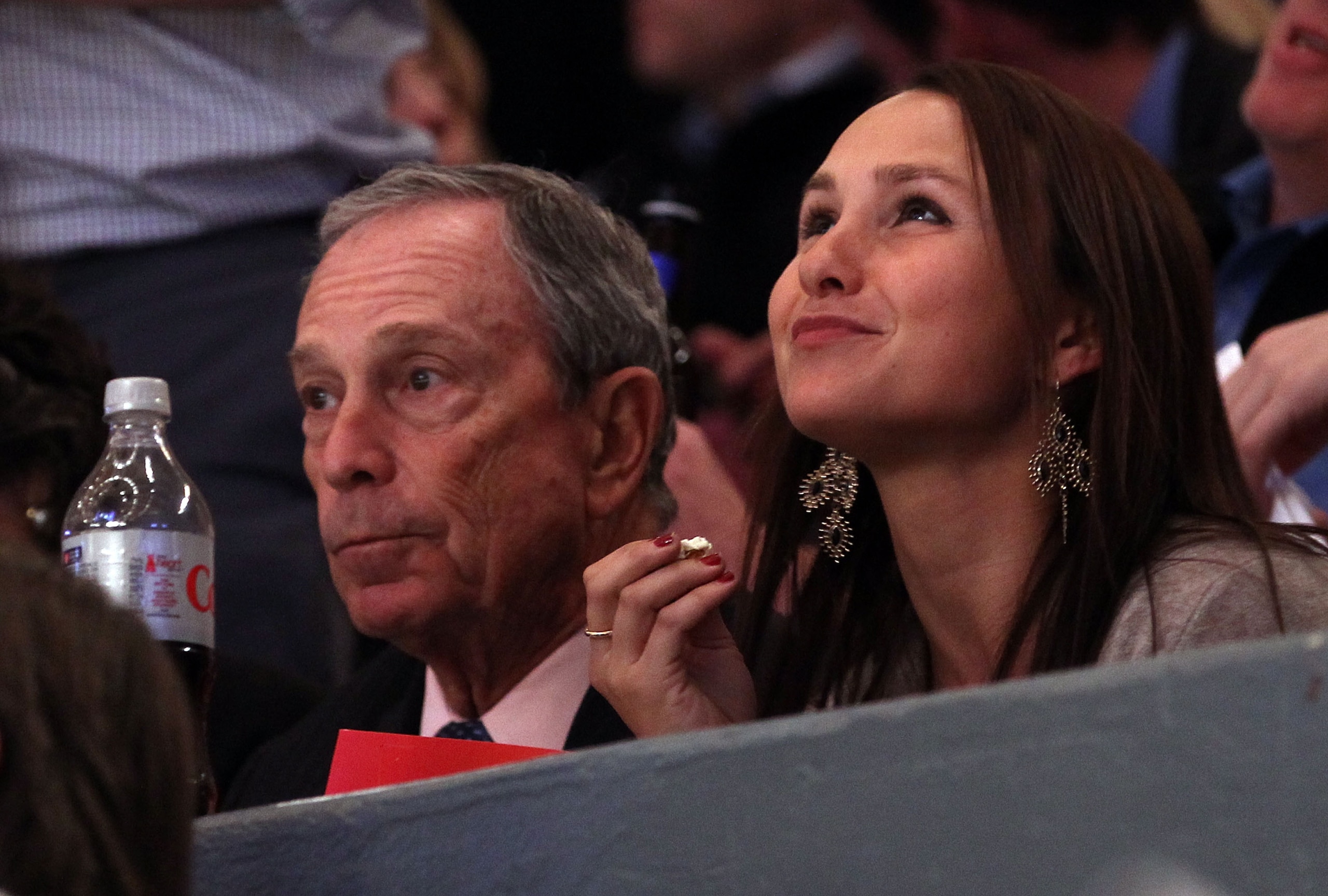 NEW YORK, NY - APRIL 20:  New York City Mayor Michael Bloomberg and his daughter Georgina (R) watch the New York Rangers play against the Washington Capitals in Game Four of the Eastern Conference Quarterfinals during the 2011 NHL Stanley Cup Playoffs at
