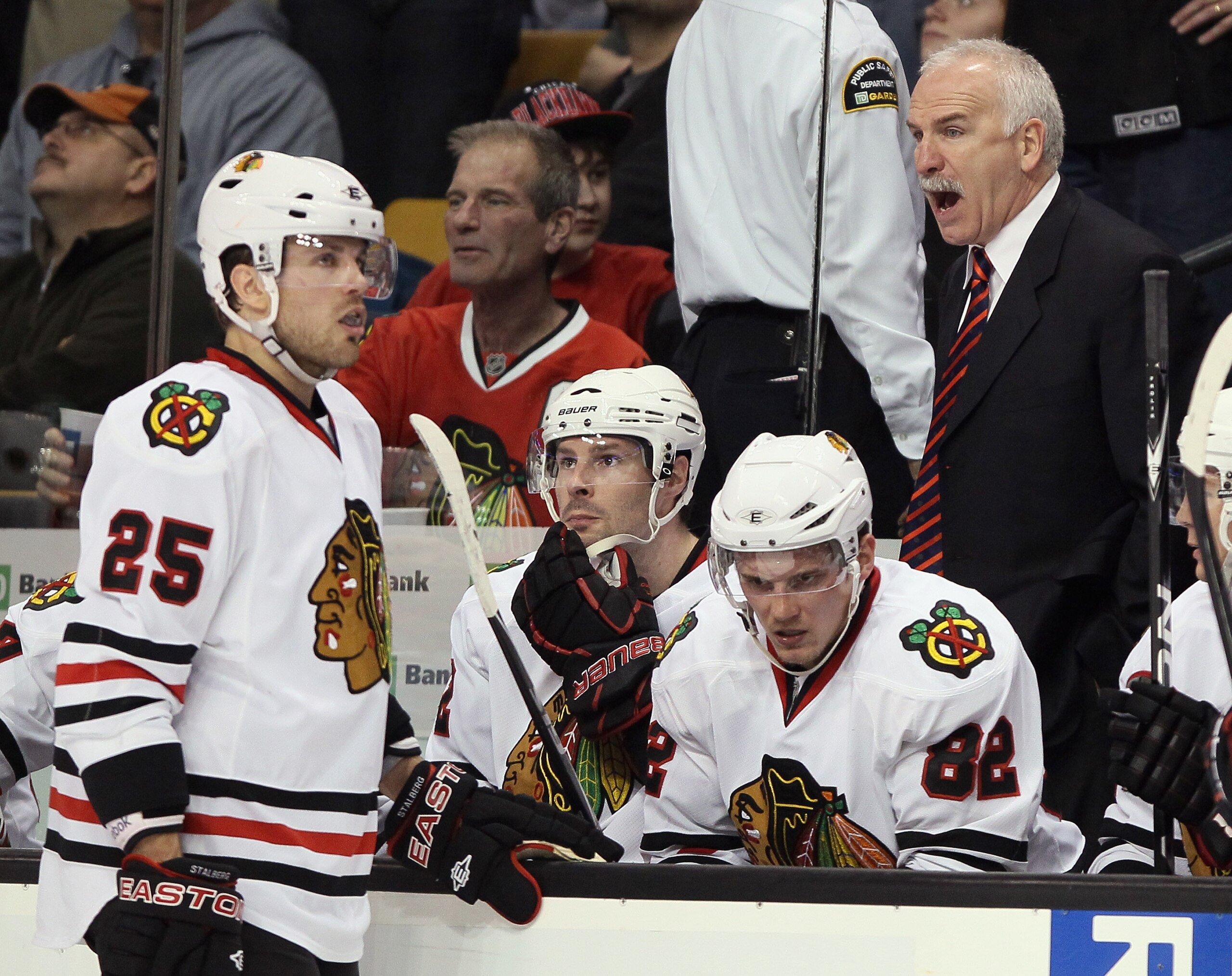 BOSTON, MA - MARCH 29: Joel Quenneville of the Chicago Blackhawks talks with his players during a stop in play in the second period against the Boston Bruins on March 29, 2011 at the TD Garden in Boston, Massachusetts. (Photo by Elsa/Getty Images) BOSTON, MA - MARCH 29: Joel Quenneville of the Chicago Blackhawks talks with his players during a stop in play in the second period against the Boston Bruins on March 29, 2011 at the TD Garden in Boston, Massachusetts. (Photo by Elsa/Getty Images)