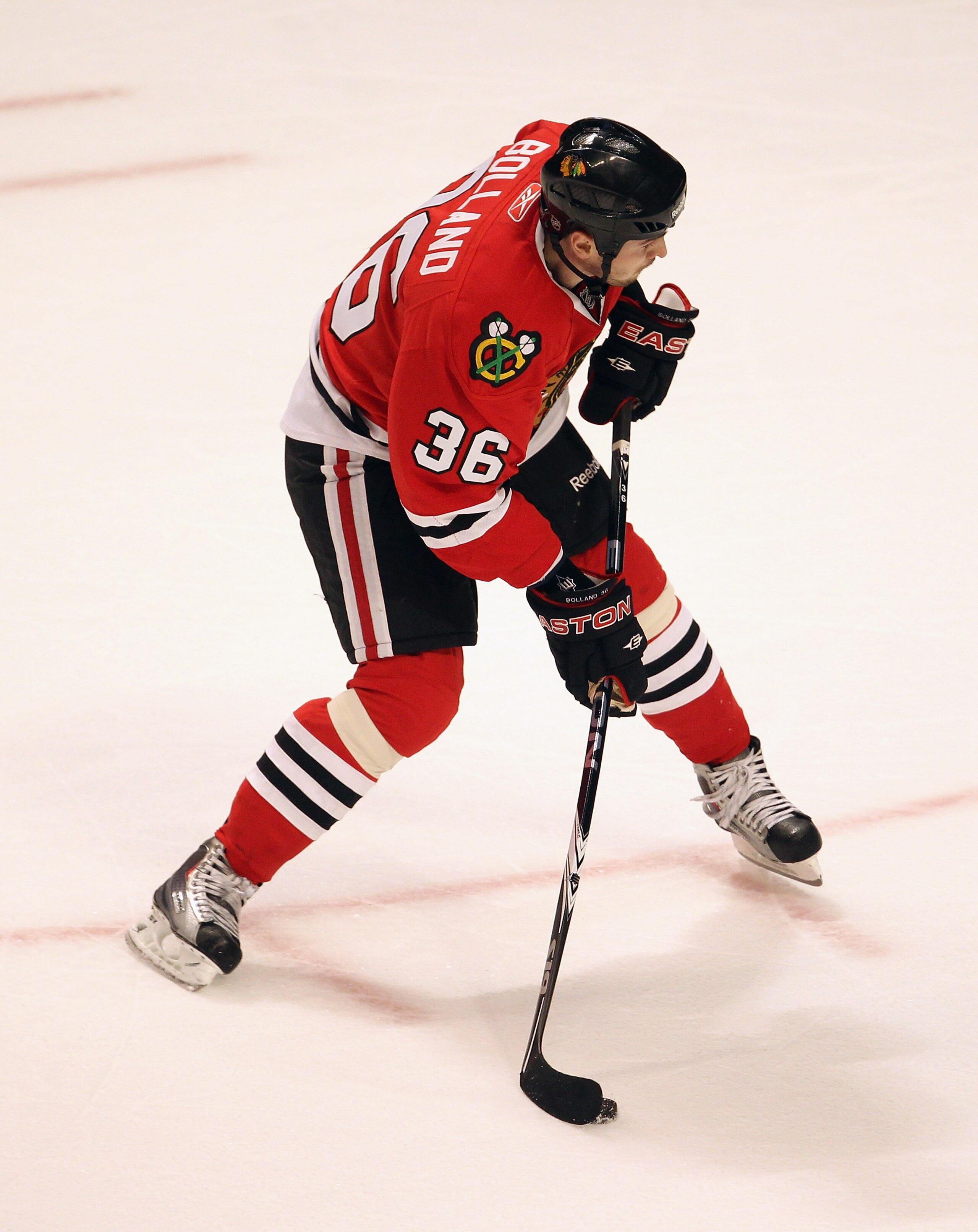 CHICAGO, IL - APRIL 19: Dave Bolland #36 of the Chicago Blackhawks prepares to shoot the puck for a goal in the 2nd period against the Vancouver Canucks in Game Four of the Western Conference Quarterfinals during the 2011 NHL Stanley Cup Playoffs at the U