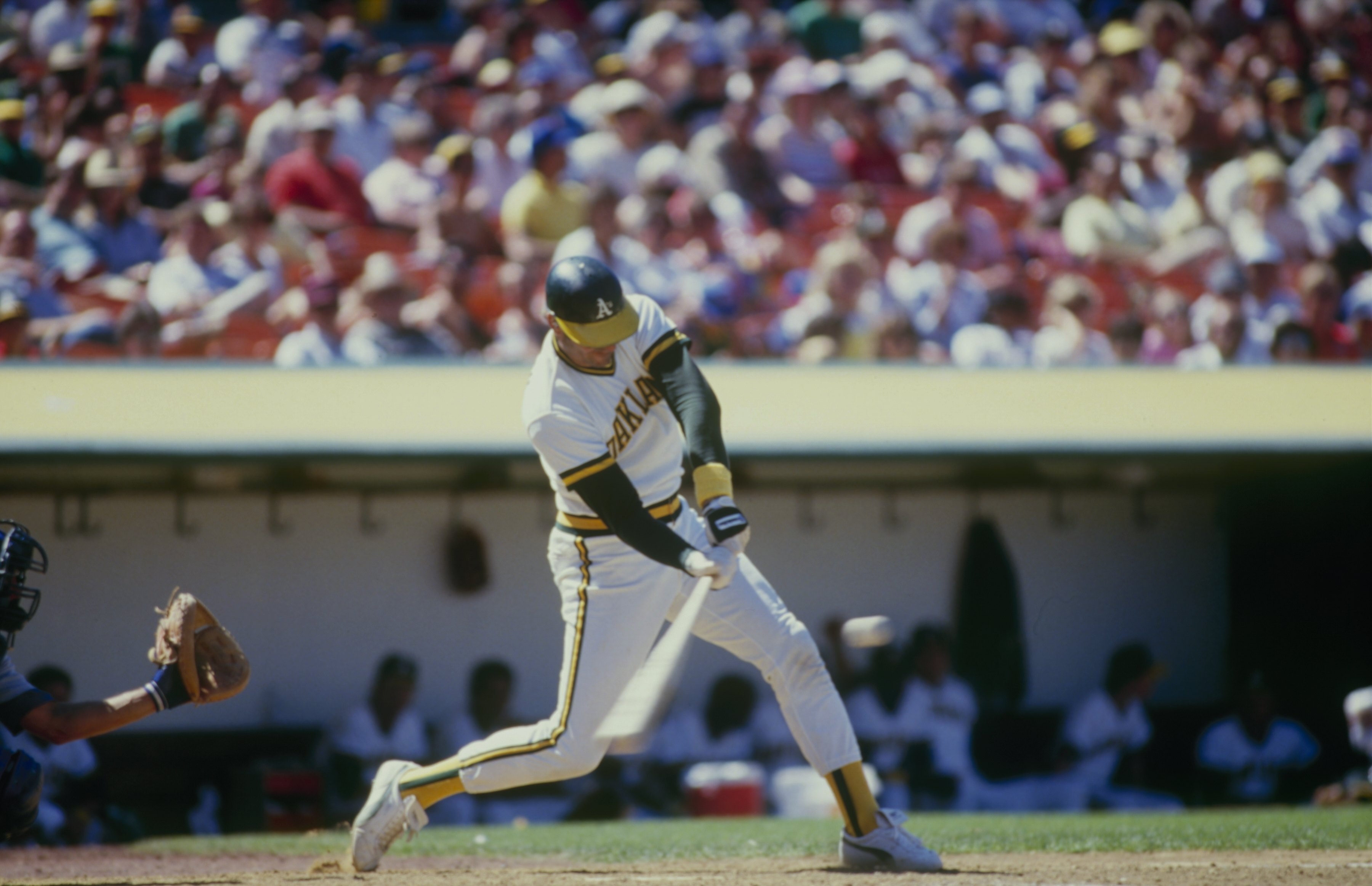 1986: Dave Kingman #26 of the Oakland Athletics swings at the pitch during a 1986 season game. Dave Kingman played for the Athletics from 1984-1986. (Photo by: Otto Greule Jr/Getty Images)