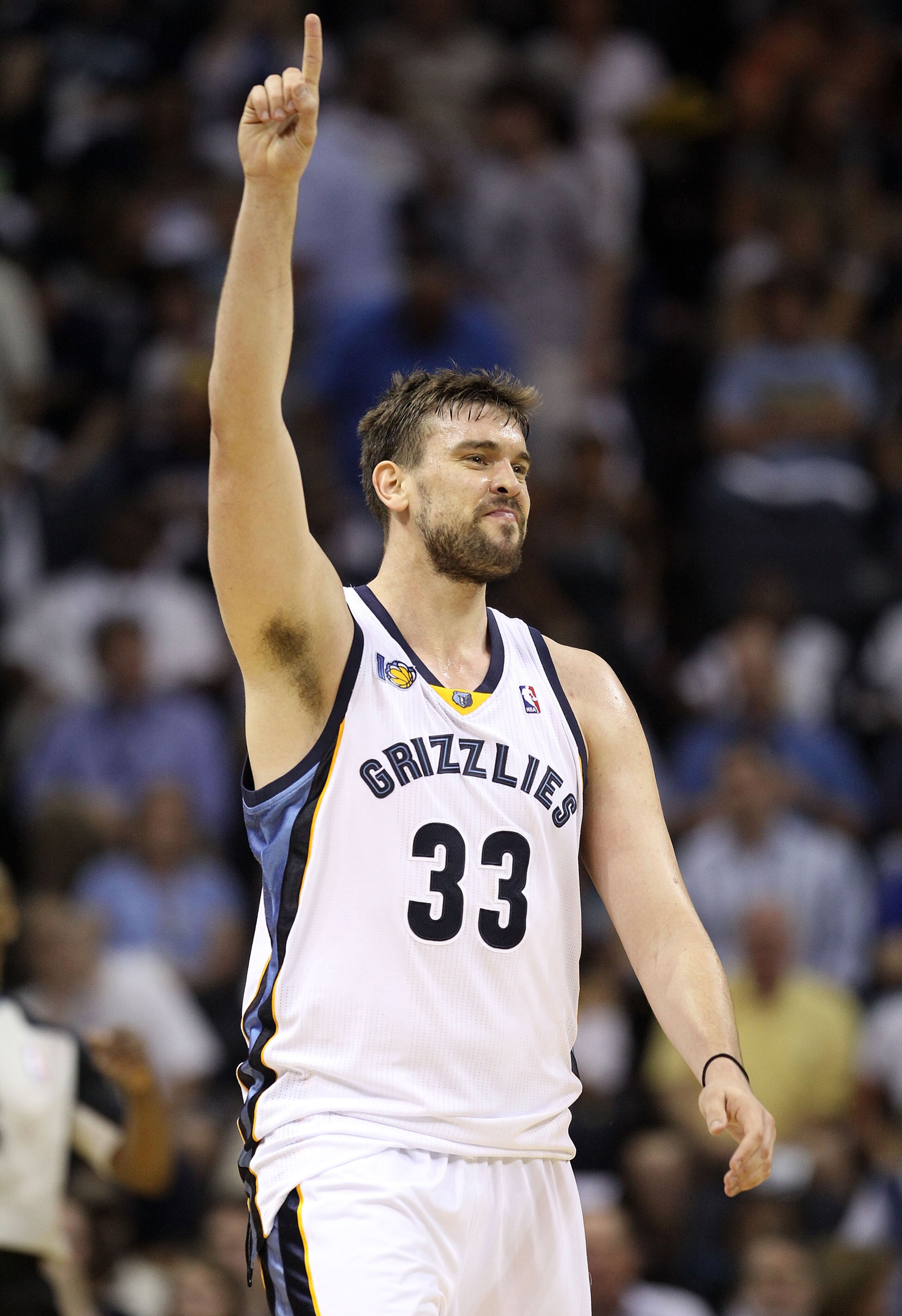 MEMPHIS, TN - APRIL 23:  Marc Gasol #33 of the  Memphis Grizzlies celebrates during the game against the San Antonio Spurs in Game three of the Western Conference Quarterfinals in the 2011 NBA Playoffs at FedExForum on April 23, 2011 in Memphis, Tennessee