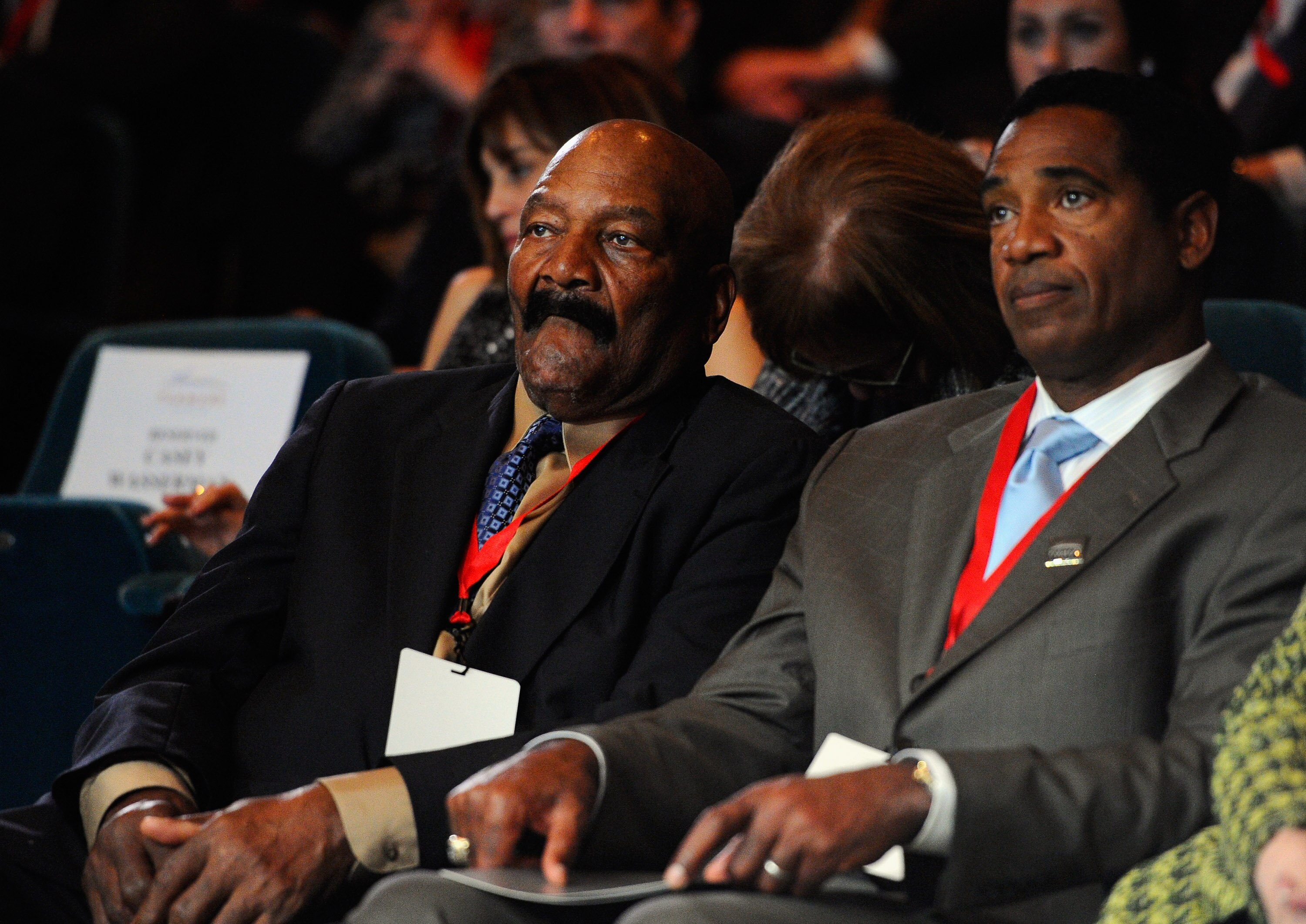LOS ANGELES, CA - FEBRUARY 01:  Football greats Jim Brown (L) and Mike Haynes attend an event announcing naming rights for the new football stadium Farmers Field at Los Angeles Convention Center on February 1, 2011 in Los Angeles, California. AEG has repo