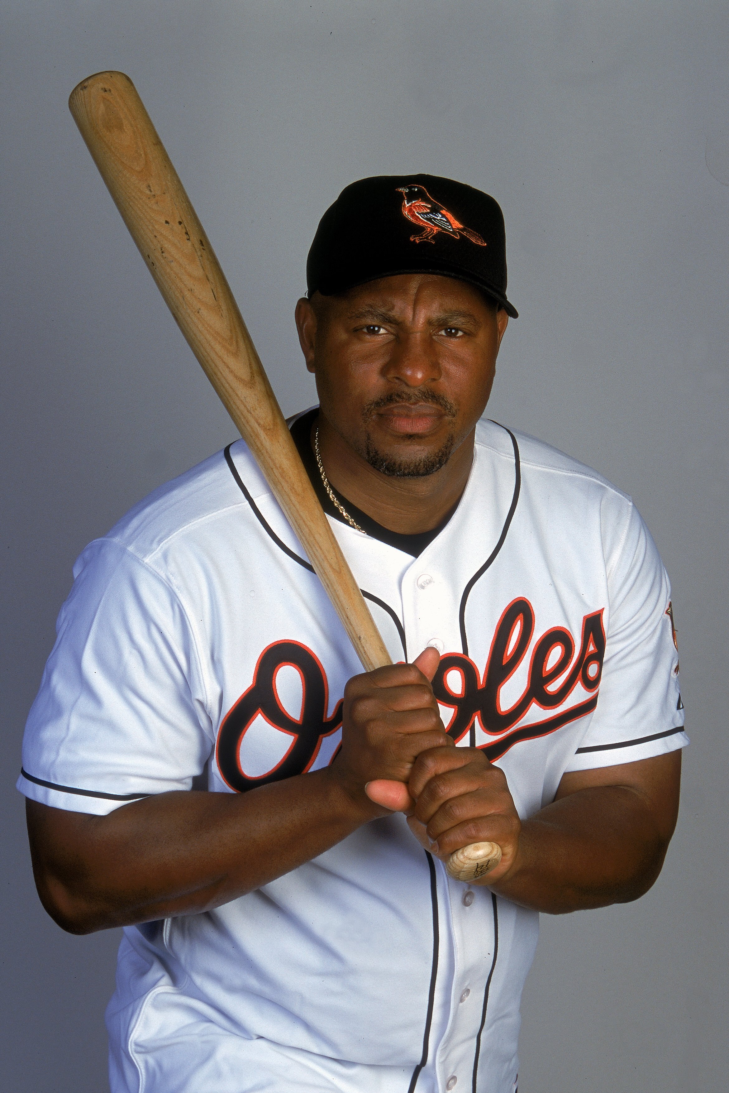 26 Feb 2001:  Albert Belle of the Baltimore Orioles poses for a studio portrait during Spring Training at the Fort Lauderdale Stadium in Fort Lauderdale, Florida.Mandatory Credit: Ezra Shaw  /Allsport