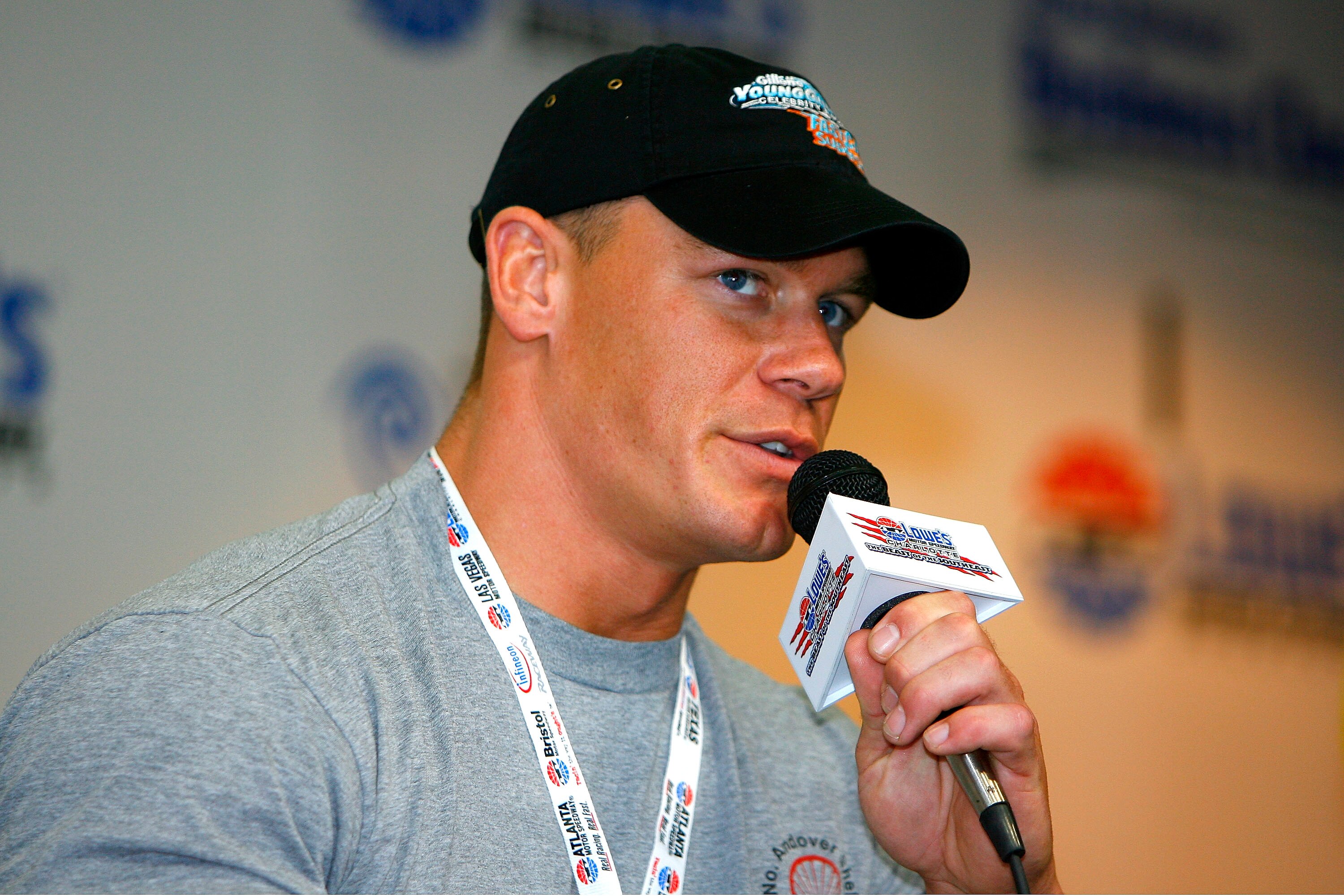 CONCORD, NC - MAY 27:  Professional wrestler John Cena, speaks to members of the media during a press conference, prior to the NASCAR Nextel Cup Series Coca-Cola 600 on May 27, 2007 at Lowe's Motor Speedway in Concord, North Carolina.  Cena was there to t
