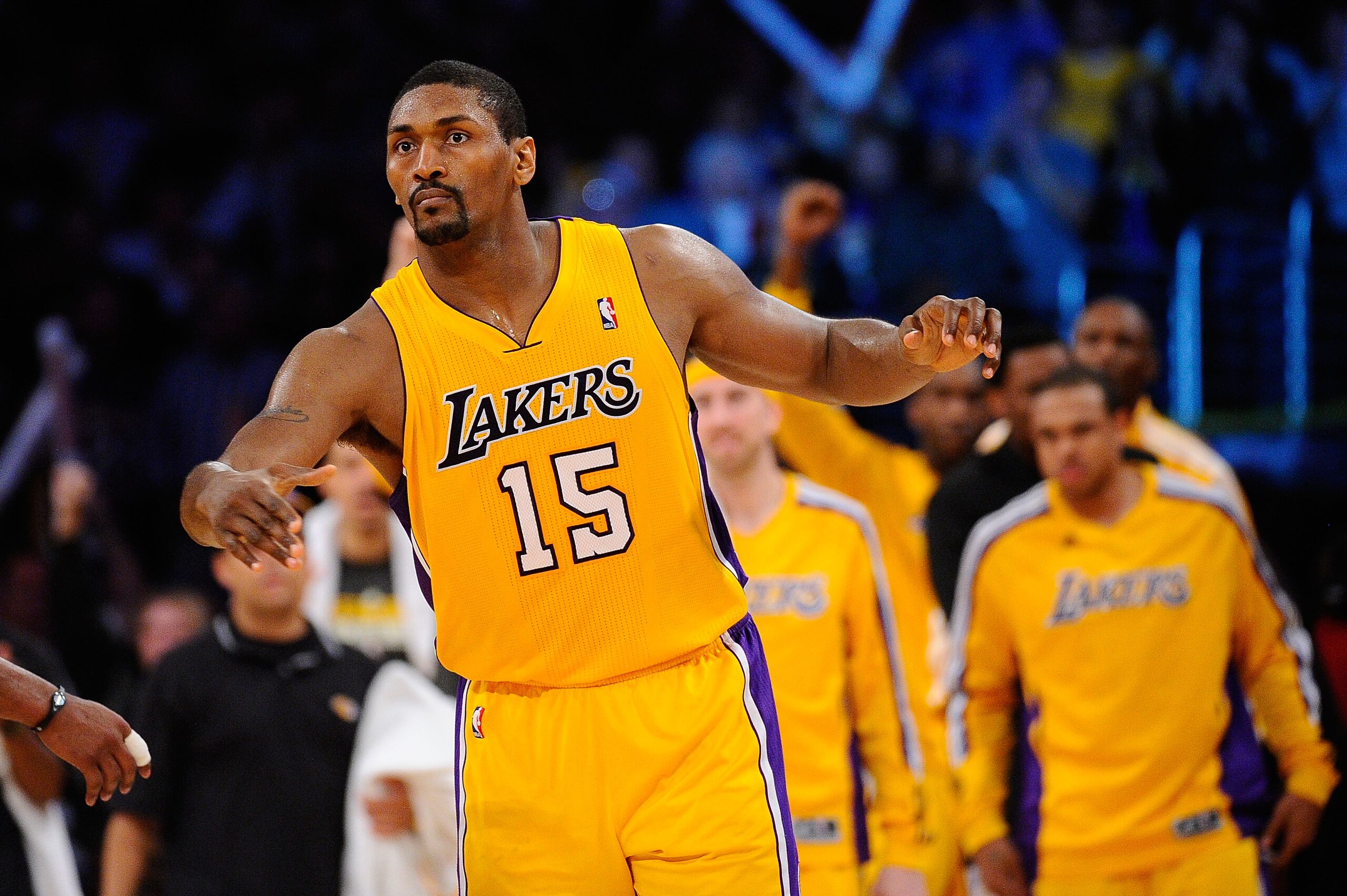 LOS ANGELES, CA - APRIL 20:  Ron Artest #15 of the Los Angeles Lakers reacts while taking on the New Orleans Hornets in Game Two of the Western Conference Quarterfinals in the 2011 NBA Playoffs on April 20, 2011 at Staples Center in Los Angeles, Californi