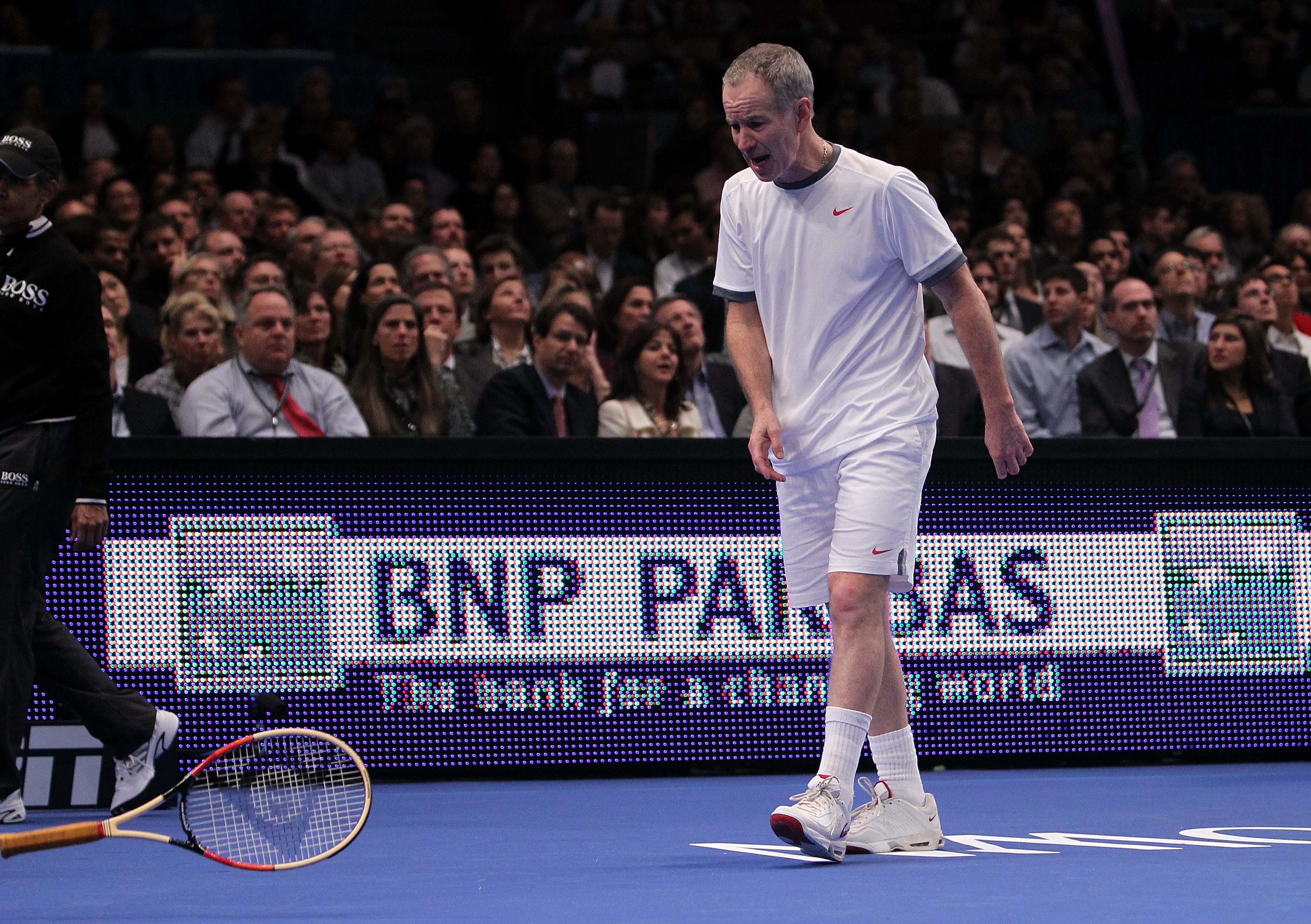 NEW YORK, NY - FEBRUARY 28:  John McEnroe throws his racquet as he reacts against Ivan Lendl during the BNP Paribas Showdown at Madison Square Garden on February 28, 2011 in New York City.  (Photo by Nick Laham/Getty Images)