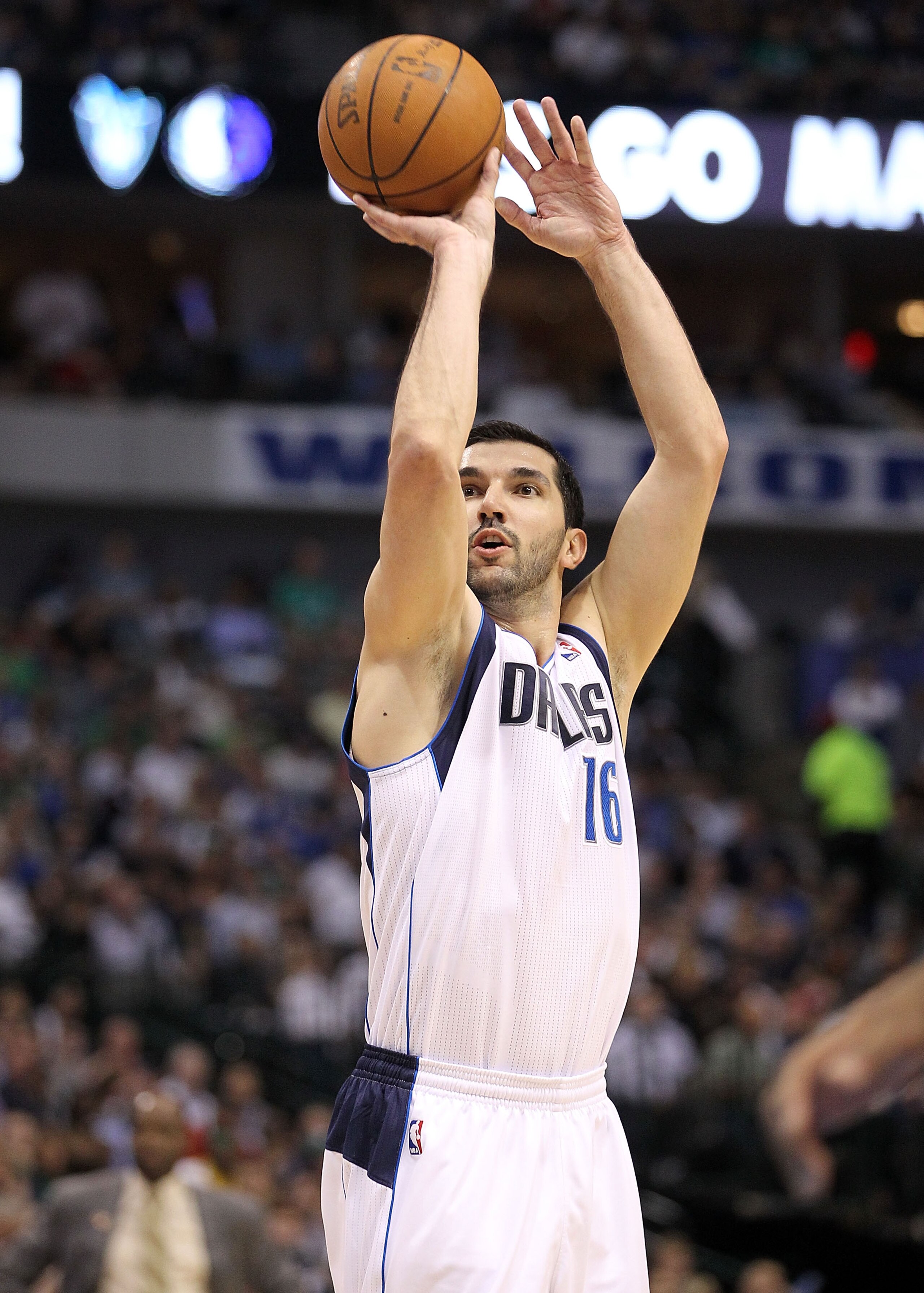 DALLAS, TX - APRIL 19:  Guard Peja Stojakovic #16 of the Dallas Mavericks makes a shot against the Portland Trail Blazers in Game Two of the Western Conference Quarterfinals during the 2011 NBA Playoffs on April 19, 2011 at American Airlines Center in Dal