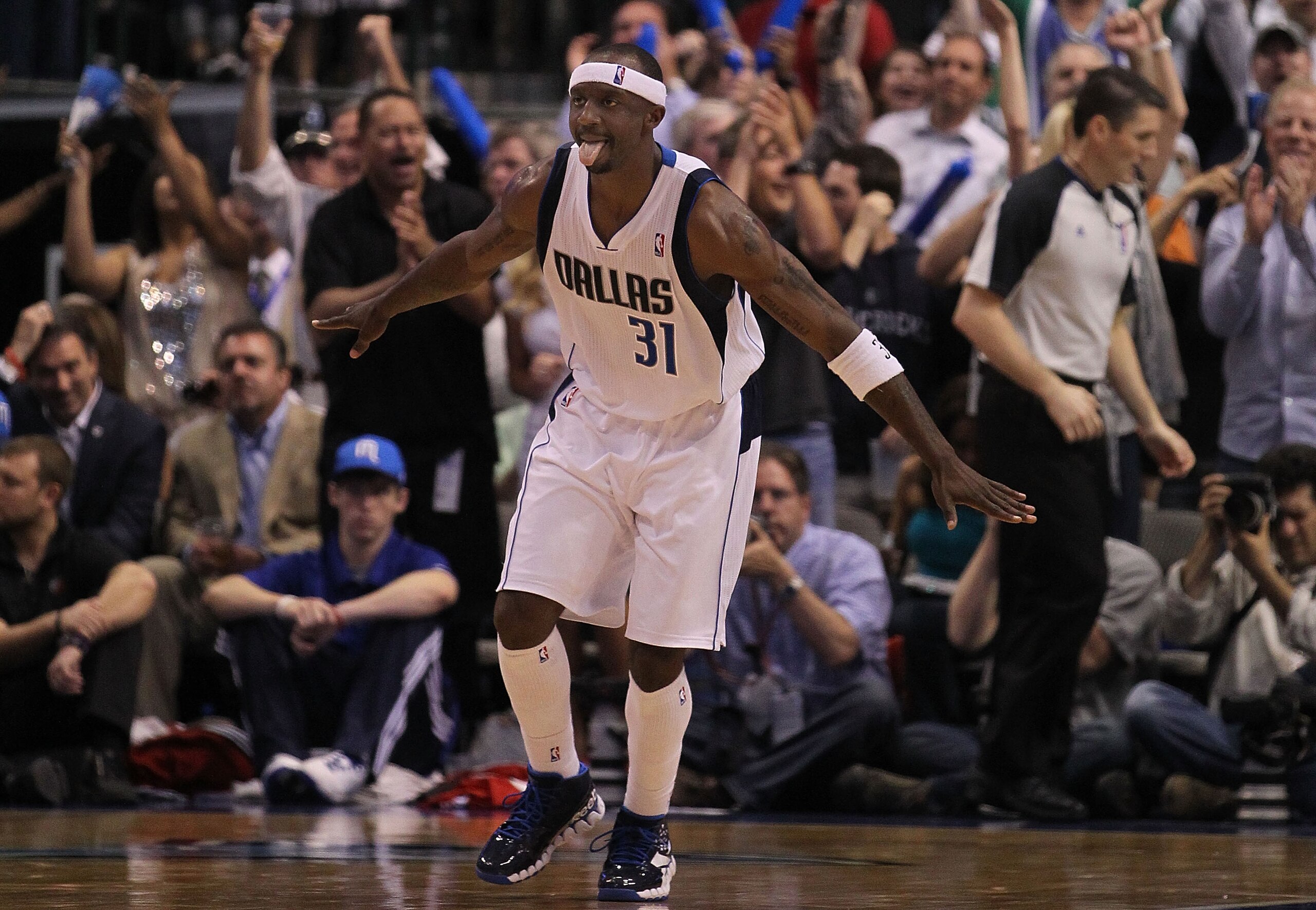 DALLAS, TX - APRIL 25:  Guard Jason Terry #31 of the Dallas Mavericks reacts after a three-point shot against the Portland Trail Blazers in Game Five of the Western Conference Quarterfinals during the 2011 NBA Playoffs on April 25, 2011 at American Airlin