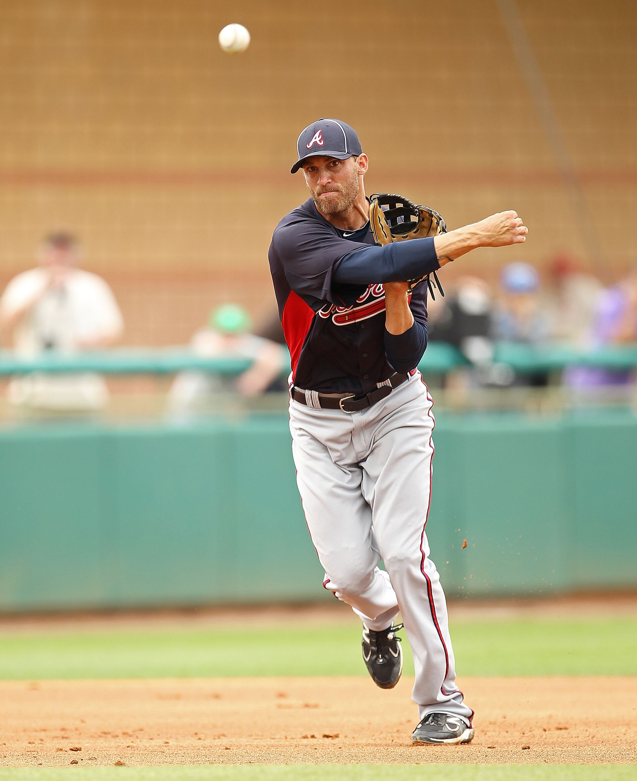 KISSIMMEE, FL - MARCH 01: Joe Mather #4 of the Atlanta Braves makes a throw to first during a Spring Training game against the Houston Astros at Osceola County Stadium on March 1, 2011 in Kissimmee, Florida.  (Photo by Mike Ehrmann/Getty Images)