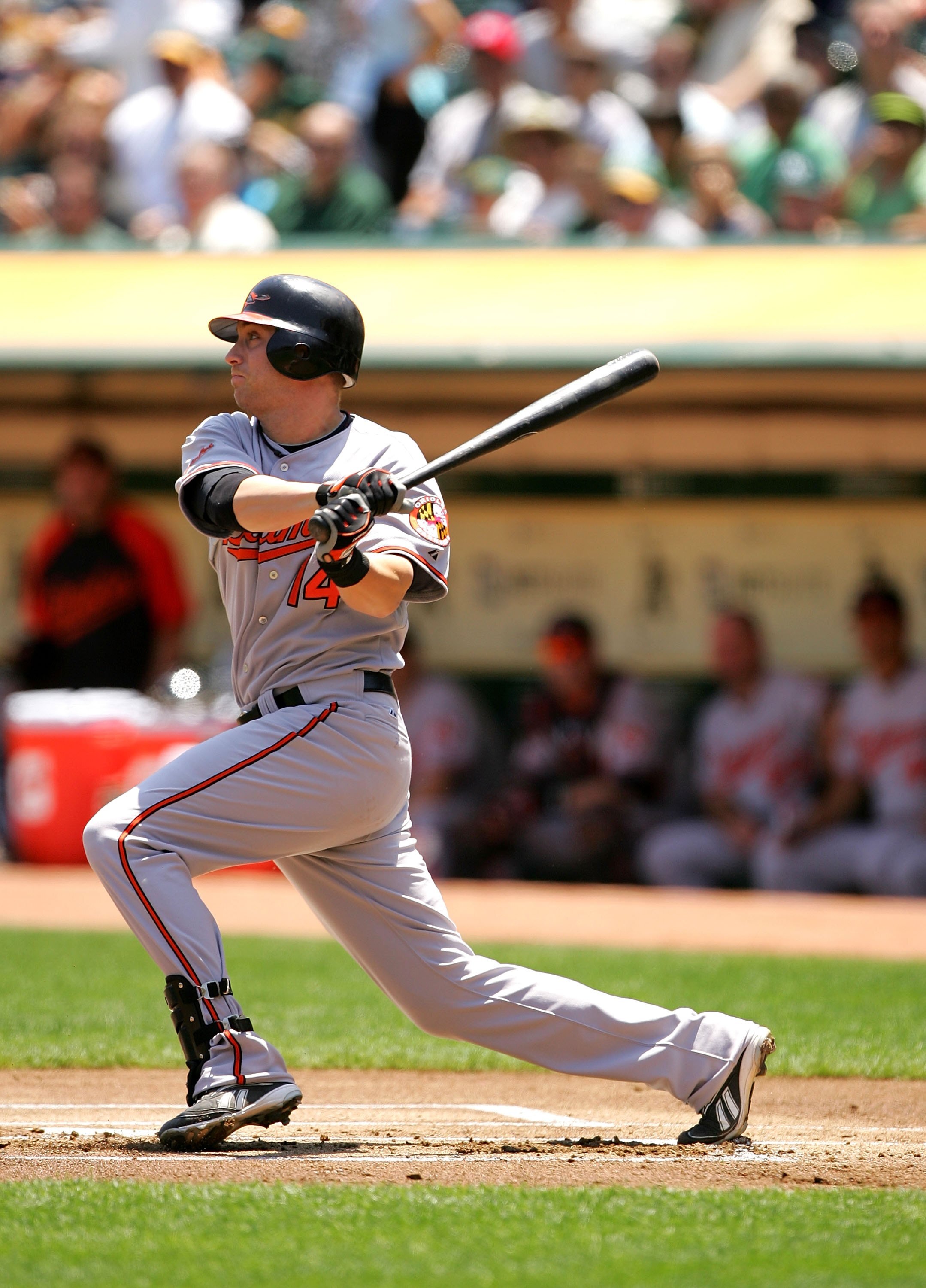 OAKLAND, CA - JUNE 07:  Nolan Reimold #14 of the Baltimore Orioles bats against the Oakland Athletics at the Oakland Coliseum on June 7, 2009 in Oakland, California.  (Photo by Ezra Shaw/Getty Images)