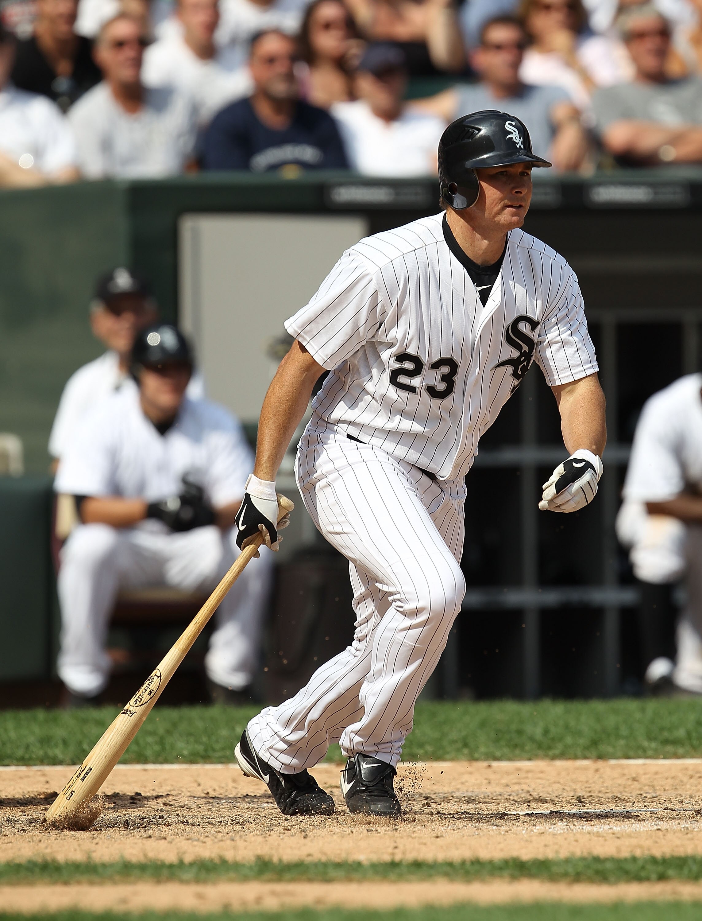 CHICAGO - AUGUST 29: Mark Teahen #23 of the Chicago White Sox grounds out with the bases loaded to end a White Sox scoring threat against the New York Yankees at U.S. Cellular Field on August 29, 2010 in Chicago, Illinois. The Yankees defeated the White S