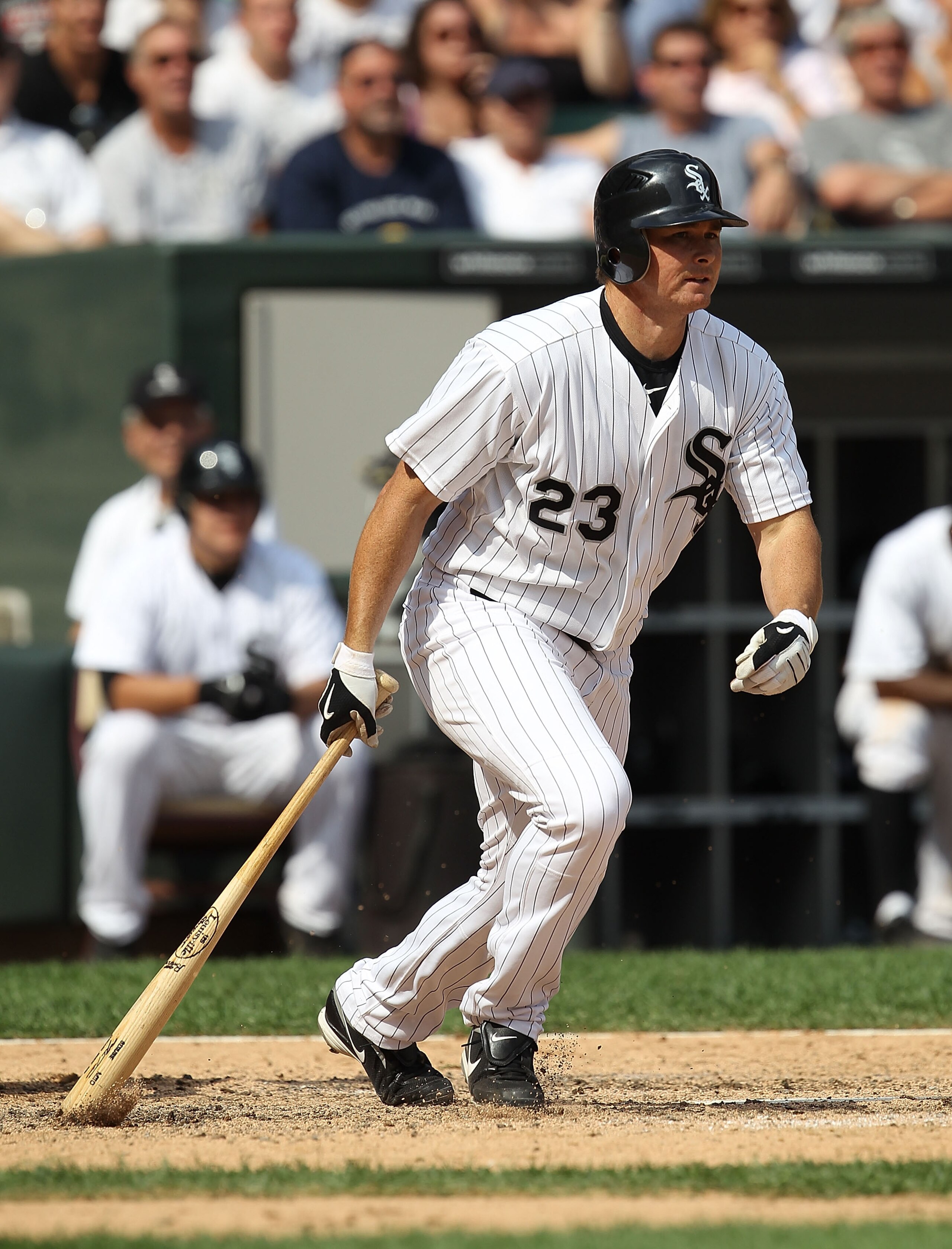 CHICAGO - AUGUST 29: Mark Teahen #23 of the Chicago White Sox grounds out with the bases loaded to end a White Sox scoring threat against the New York Yankees at U.S. Cellular Field on August 29, 2010 in Chicago, Illinois. The Yankees defeated the White S
