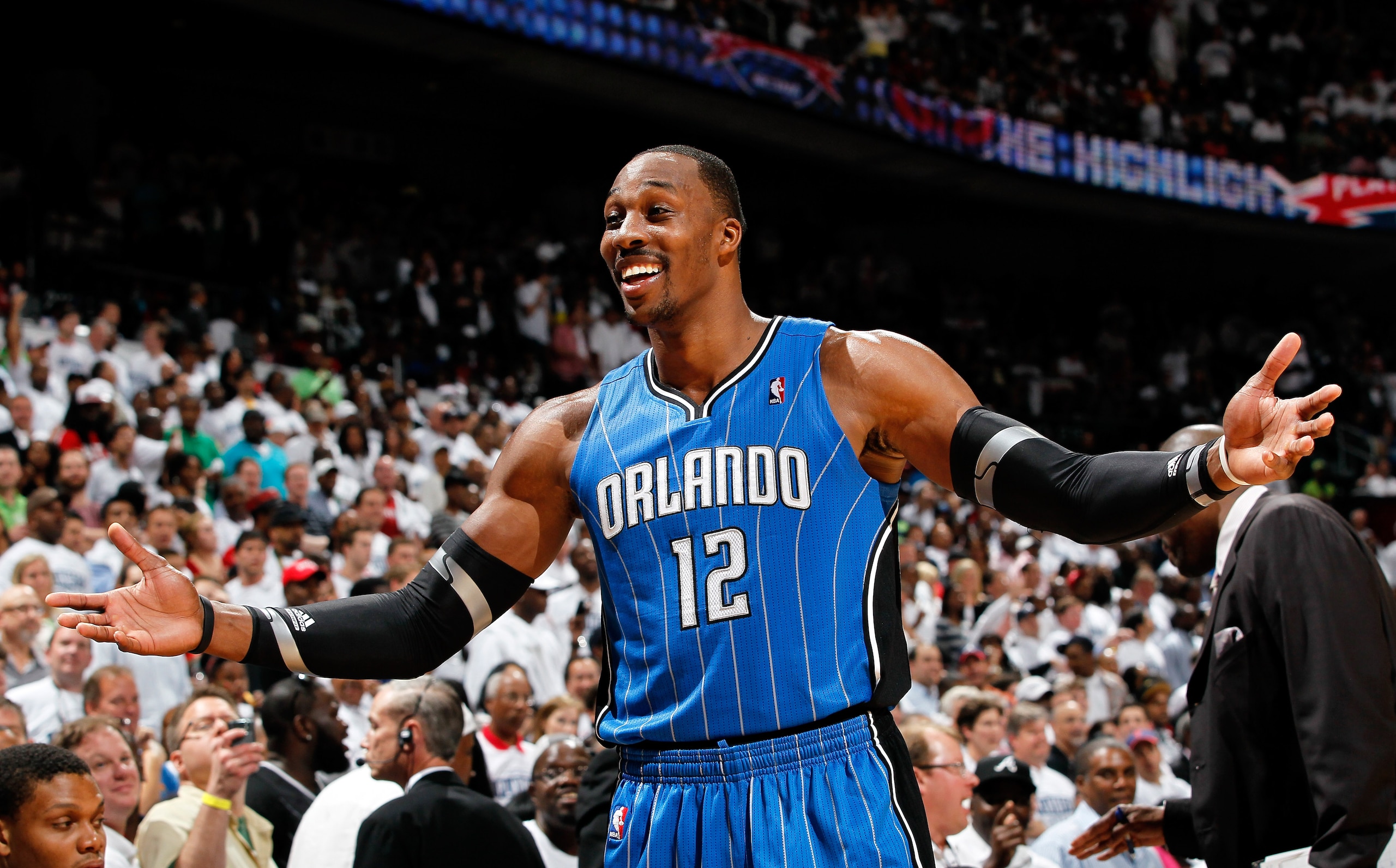 ATLANTA, GA - APRIL 22:  Dwight Howard #12 of the Orlando Magic reacts after being called for a technical foul against the Atlanta Hawks during Game Three of the Eastern Conference Quarterfinals in the 2011 NBA Playoffs at Philips Arena on April 22, 2011