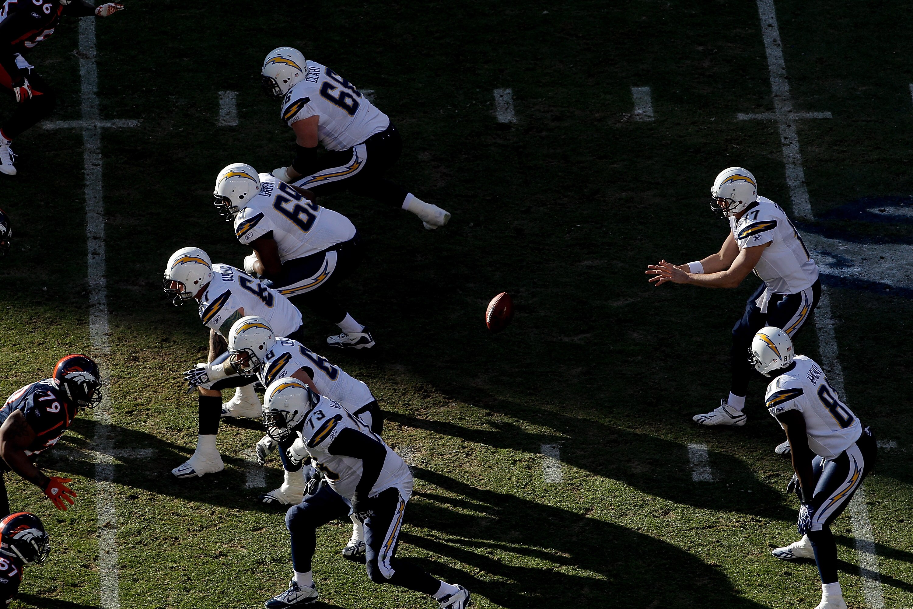 DENVER, CO - JANUARY 2:  Quarterback Philip Rivers #17 of the San Diego Chargers takes the snap from center Nick Hardwick #61 of the San Diego Chargers during the first quarter against the Denver Broncos at INVESCO Field at Mile High on January 2, 2011 in