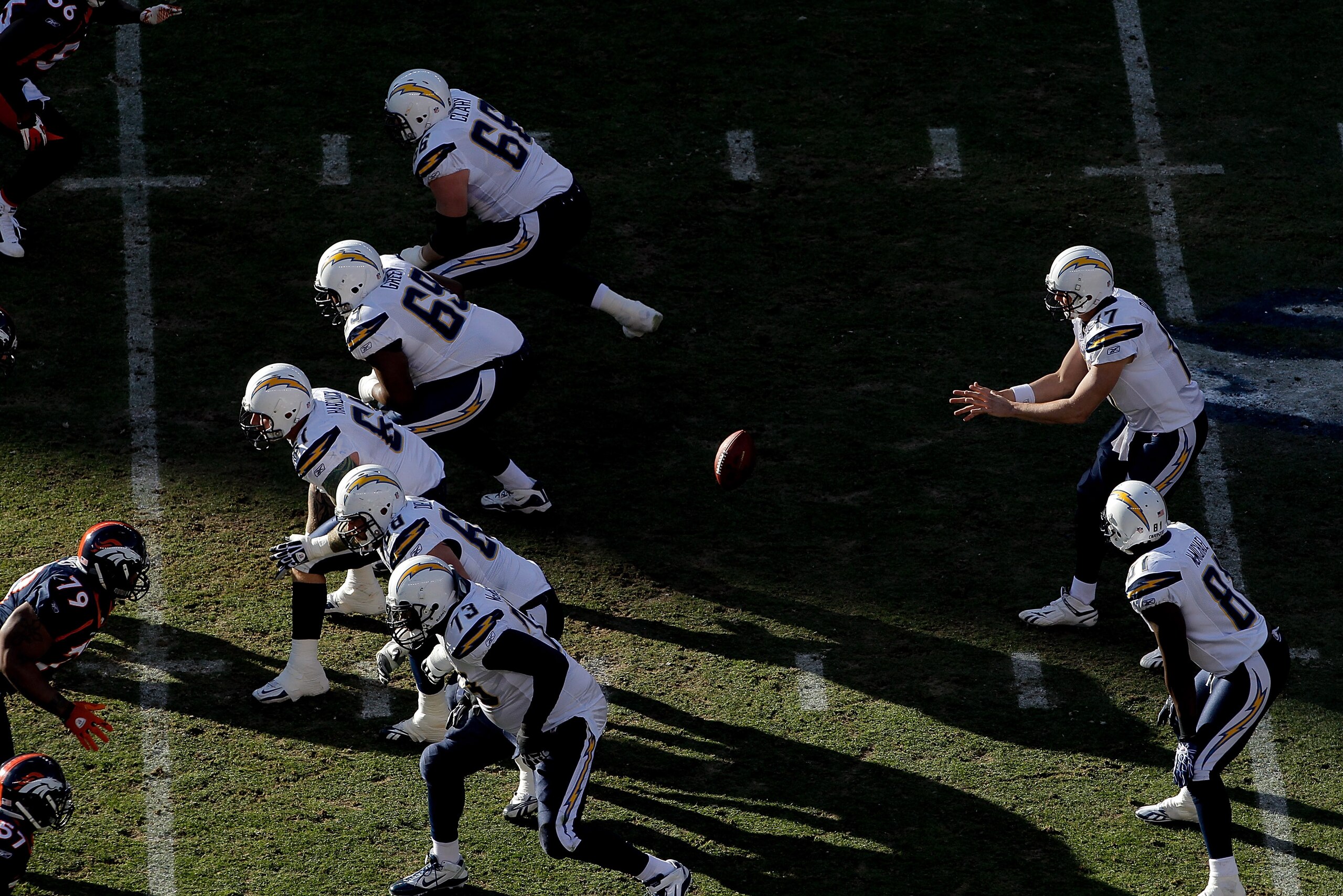 DENVER, CO - JANUARY 2:  Quarterback Philip Rivers #17 of the San Diego Chargers takes the snap from center Nick Hardwick #61 of the San Diego Chargers during the first quarter against the Denver Broncos at INVESCO Field at Mile High on January 2, 2011 in