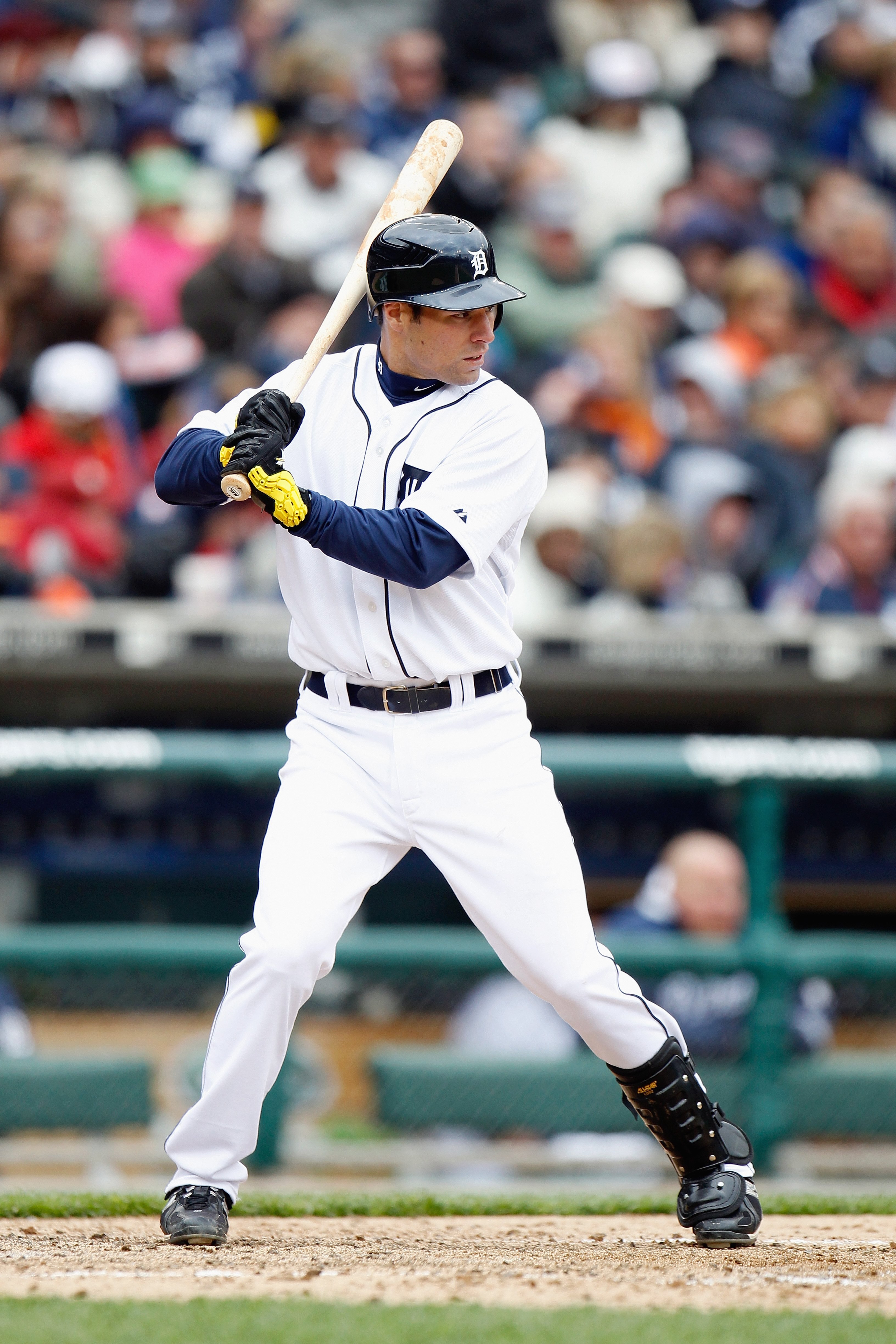 DETROIT - APRIL 09:  Scott Sizemore #20 of the Detroit Tigers stands at bat against the Cleveland Indians during Opening Day on April 9, 2010 at Comerica Park in Detroit, Michigan. Detroit won the game 5-2. (Photo by Gregory Shamus/Getty Images)
