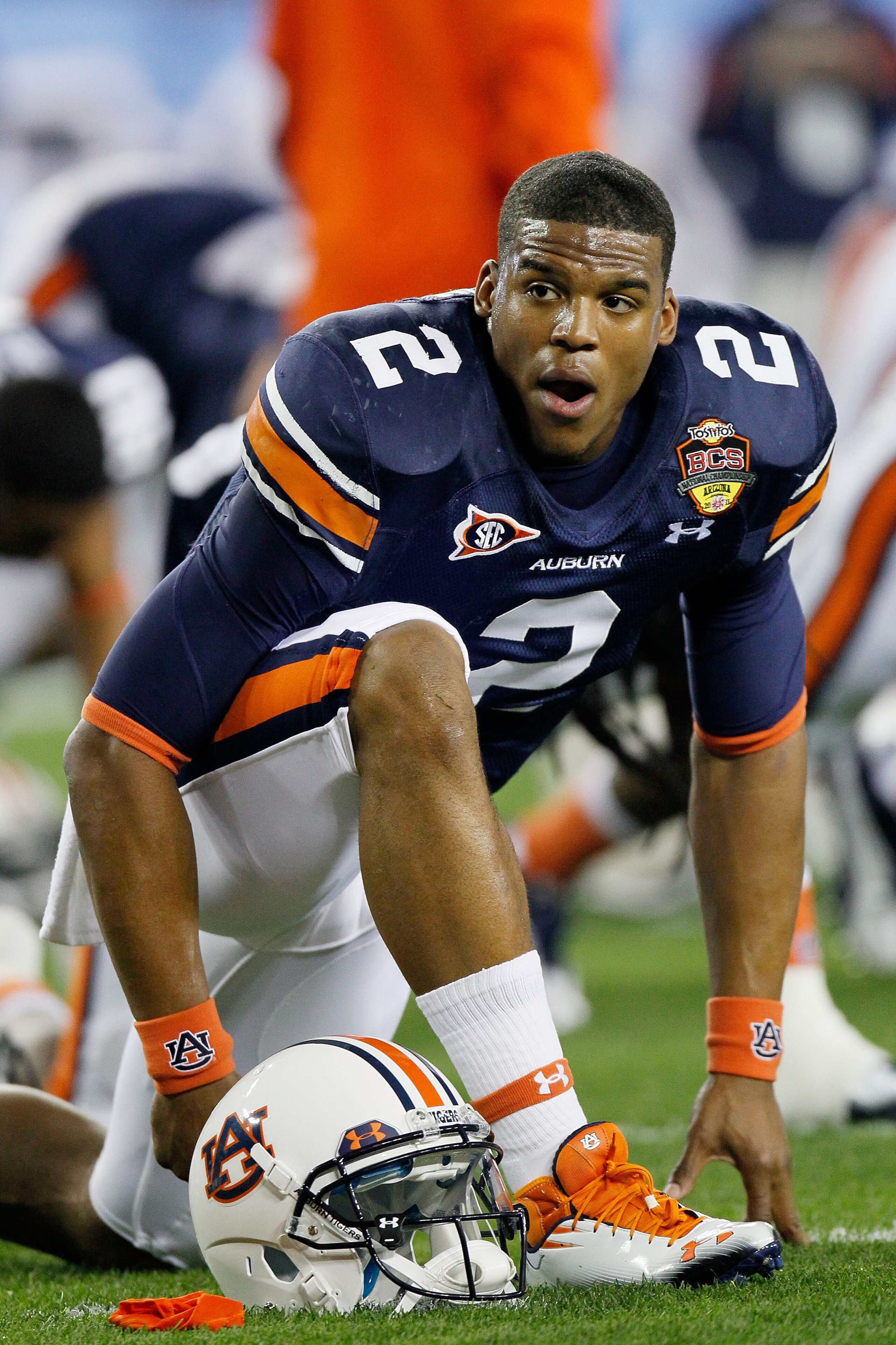 GLENDALE, AZ - JANUARY 10: Cameron Newton #2 of the Auburn Tigers reacts during their game against the Oregon Ducks during the Tostitos BCS National Championship Game at University of Phoenix Stadium on January 10, 2011 in Glendale, Arizona. (Photo by K GLENDALE, AZ - JANUARY 10: Cameron Newton #2 of the Auburn Tigers reacts during their game against the Oregon Ducks during the Tostitos BCS National Championship Game at University of Phoenix Stadium on January 10, 2011 in Glendale, Arizona. (Photo by K