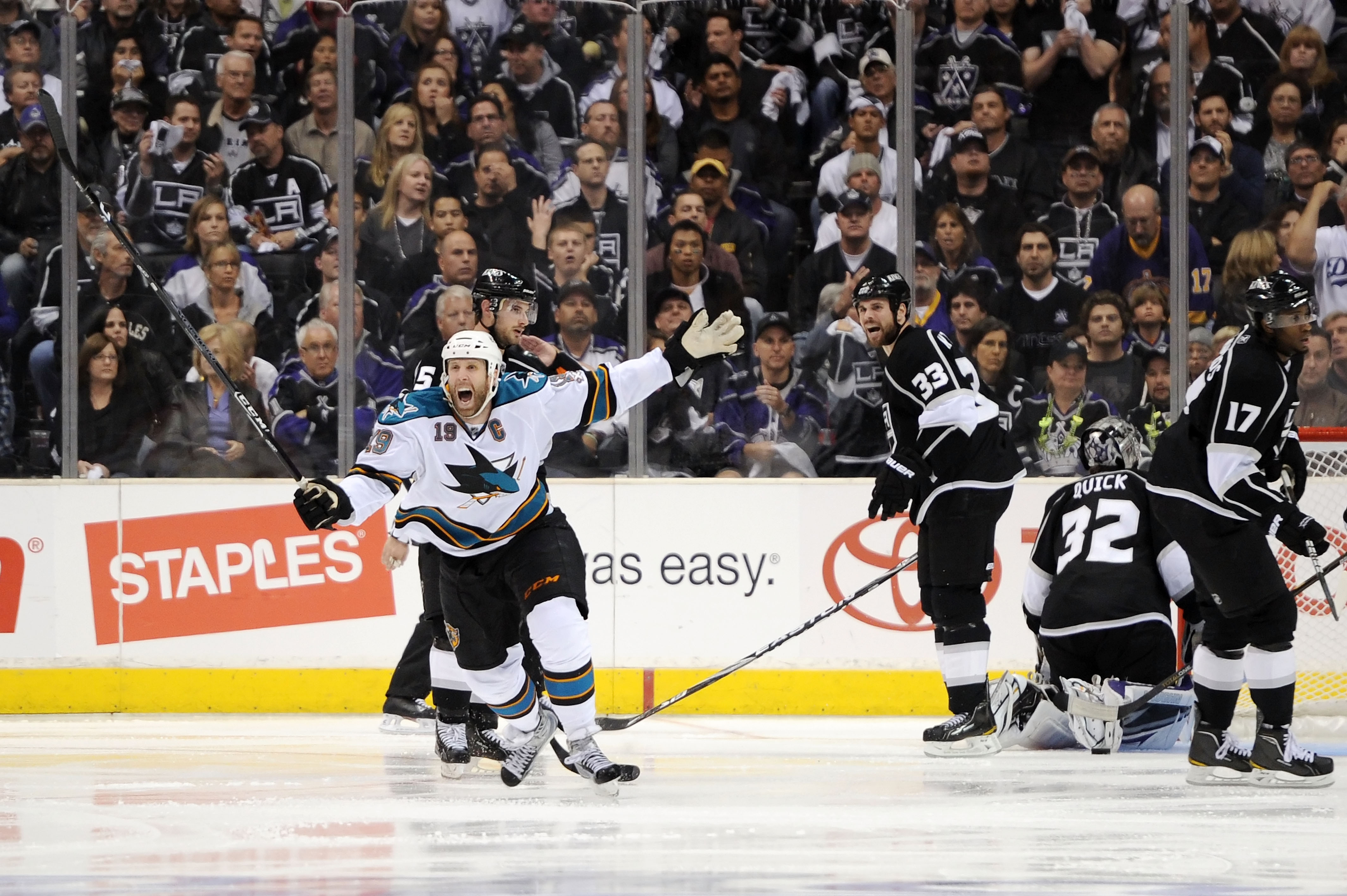LOS ANGELES, CA - APRIL 25:  Joe Thornton #19 of the San Jose Sharks celebrates after scoring the game winning goal against the Los Angeles Kings in game six of the Western Conference Quarterfinals to advance to the next round of the 2011 NHL Stanley Cup